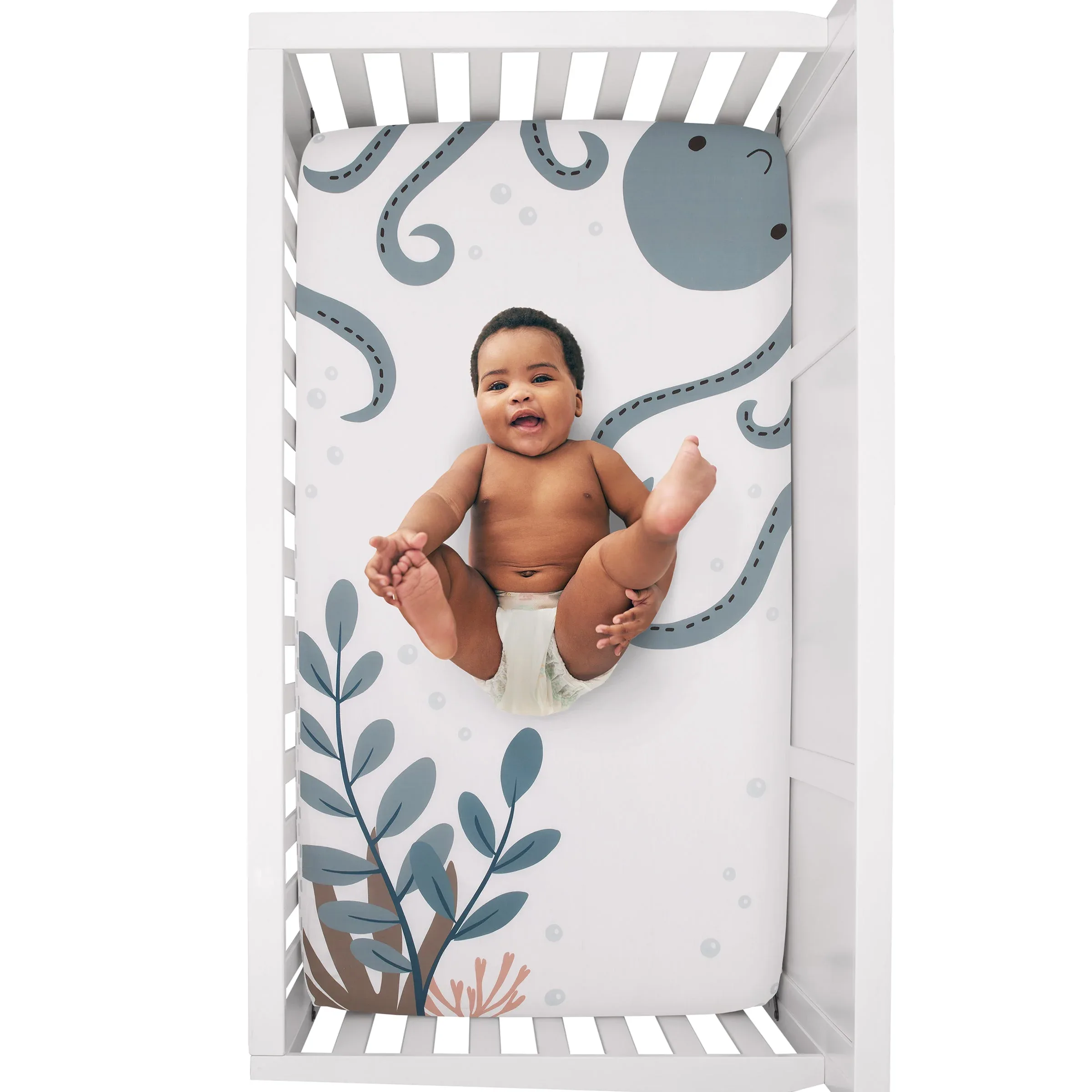 Explore Dream Discover Light Blue, Navy, and White Octopus 100% Cotton Nursery Photo Op Fitted Crib Sheet - Image 4
