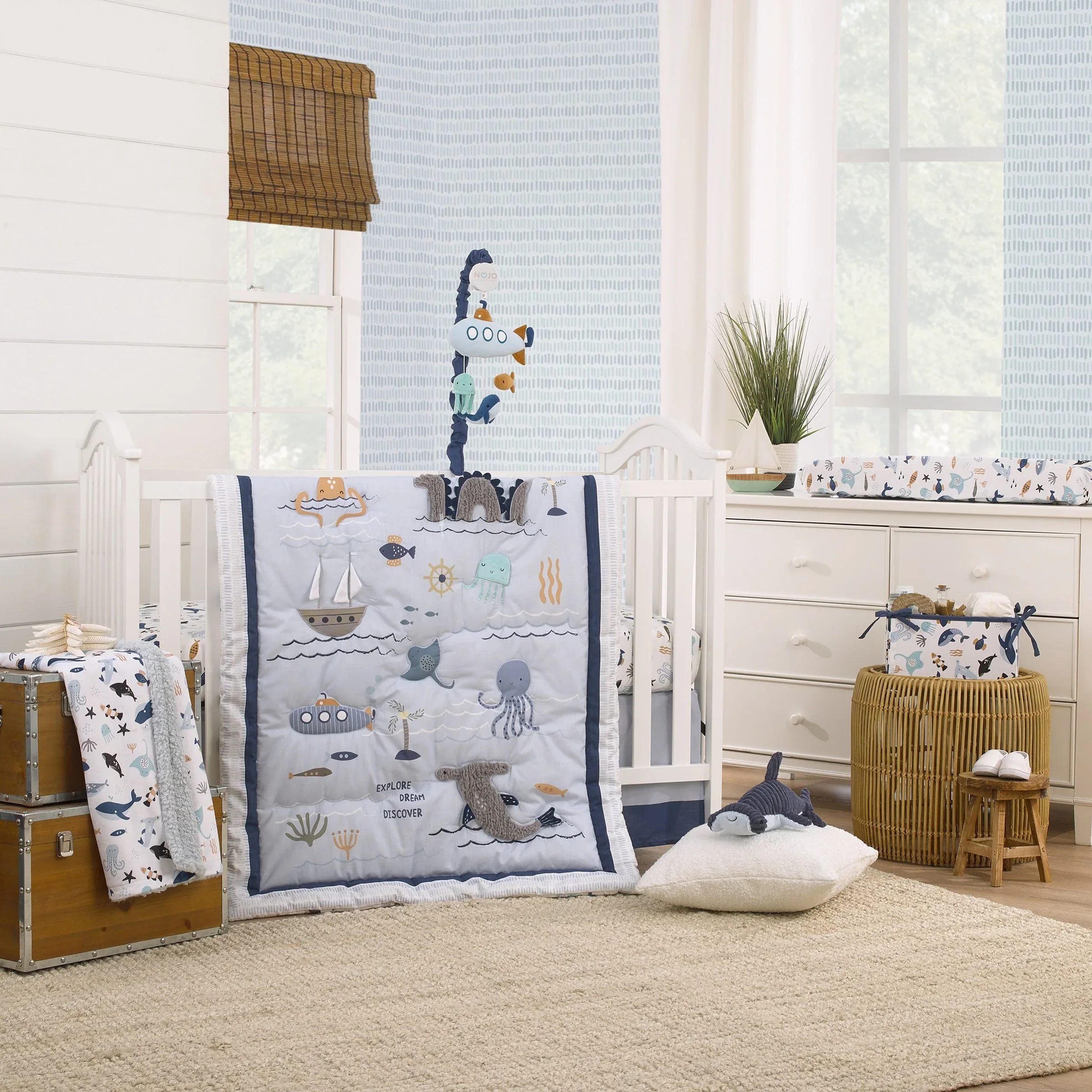 Explore Dream Discover Light Blue, Navy, and White Octopus 100% Cotton Nursery Photo Op Fitted Crib Sheet - Image 5