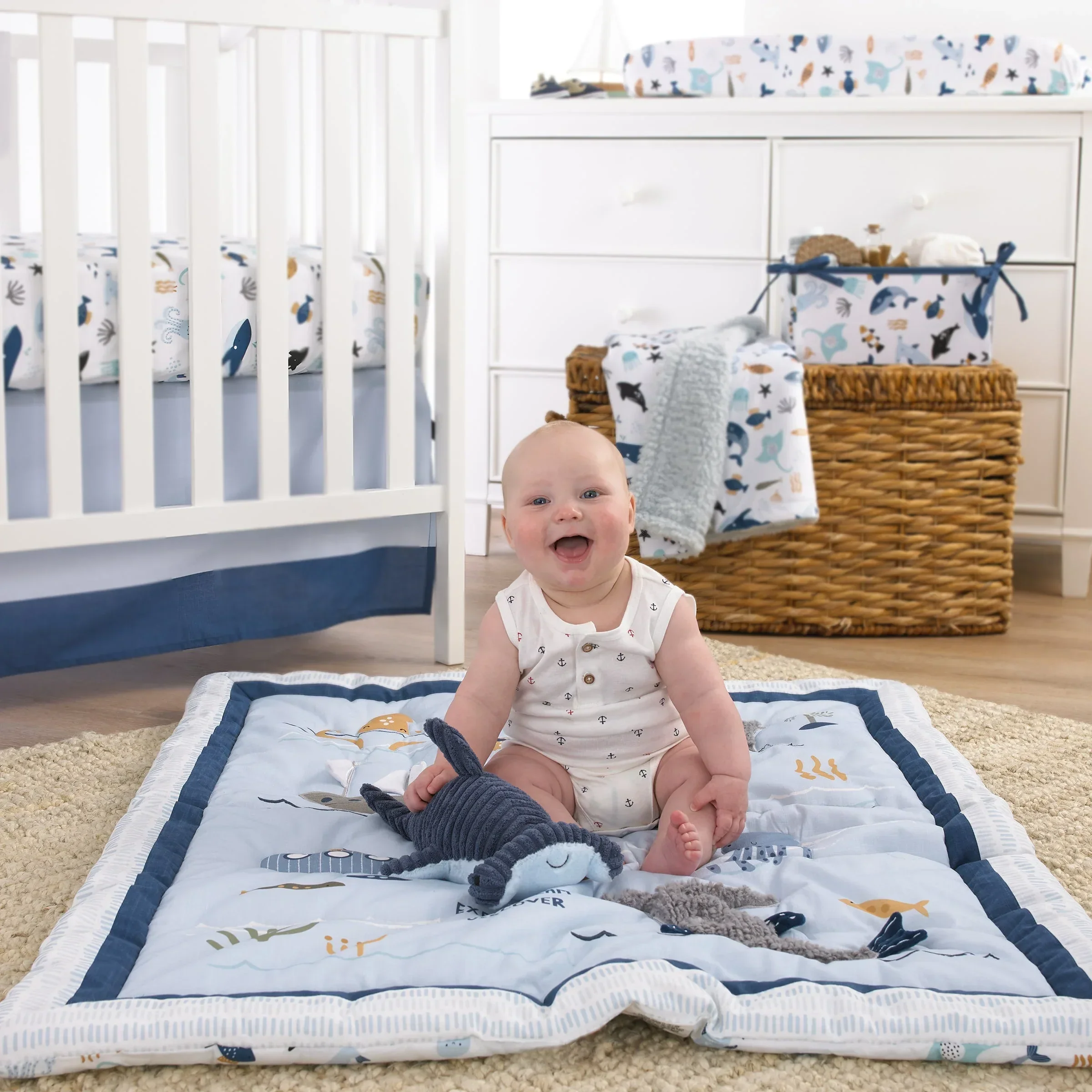 Explore Dream Discover Light Blue, Navy, Gray and Coral Ocean 4 Piece Nursery Crib Bedding Set - Comforter, 100% Cotton Fitted Crib Sheet, Crib Skirt and Nursery Organizer - Image 10