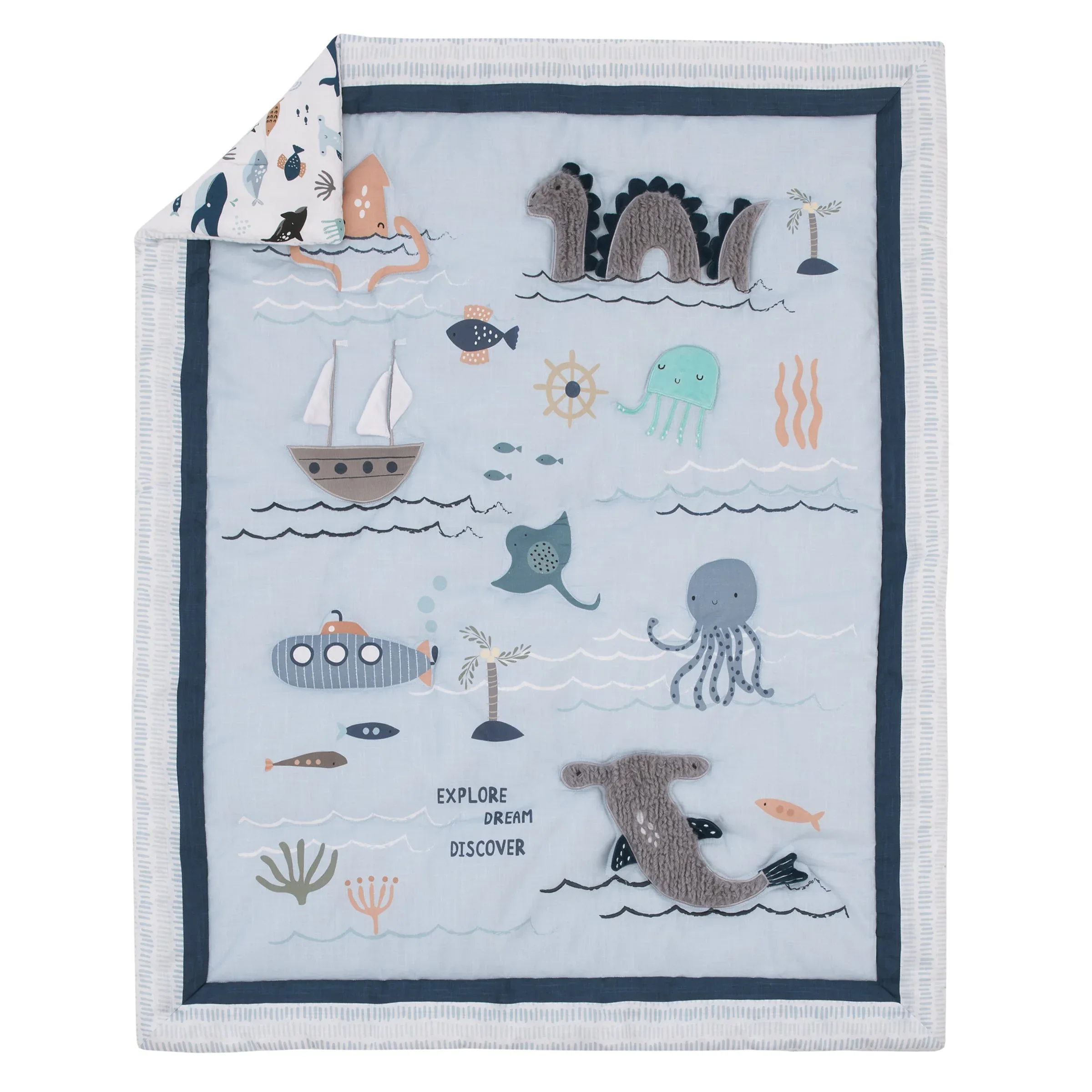 Explore Dream Discover Light Blue, Navy, Gray and Coral Ocean 4 Piece Nursery Crib Bedding Set - Comforter, 100% Cotton Fitted Crib Sheet, Crib Skirt and Nursery Organizer - Image 2
