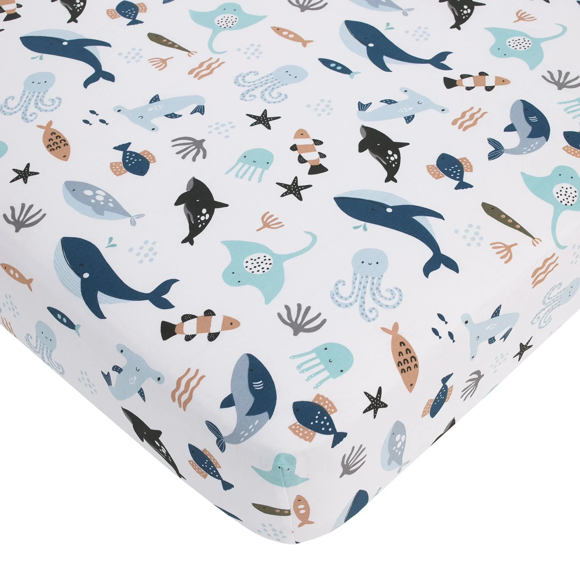 Explore Dream Discover Light Blue, Navy, Gray and Coral Ocean 4 Piece Nursery Crib Bedding Set - Comforter, 100% Cotton Fitted Crib Sheet, Crib Skirt and Nursery Organizer - Image 3