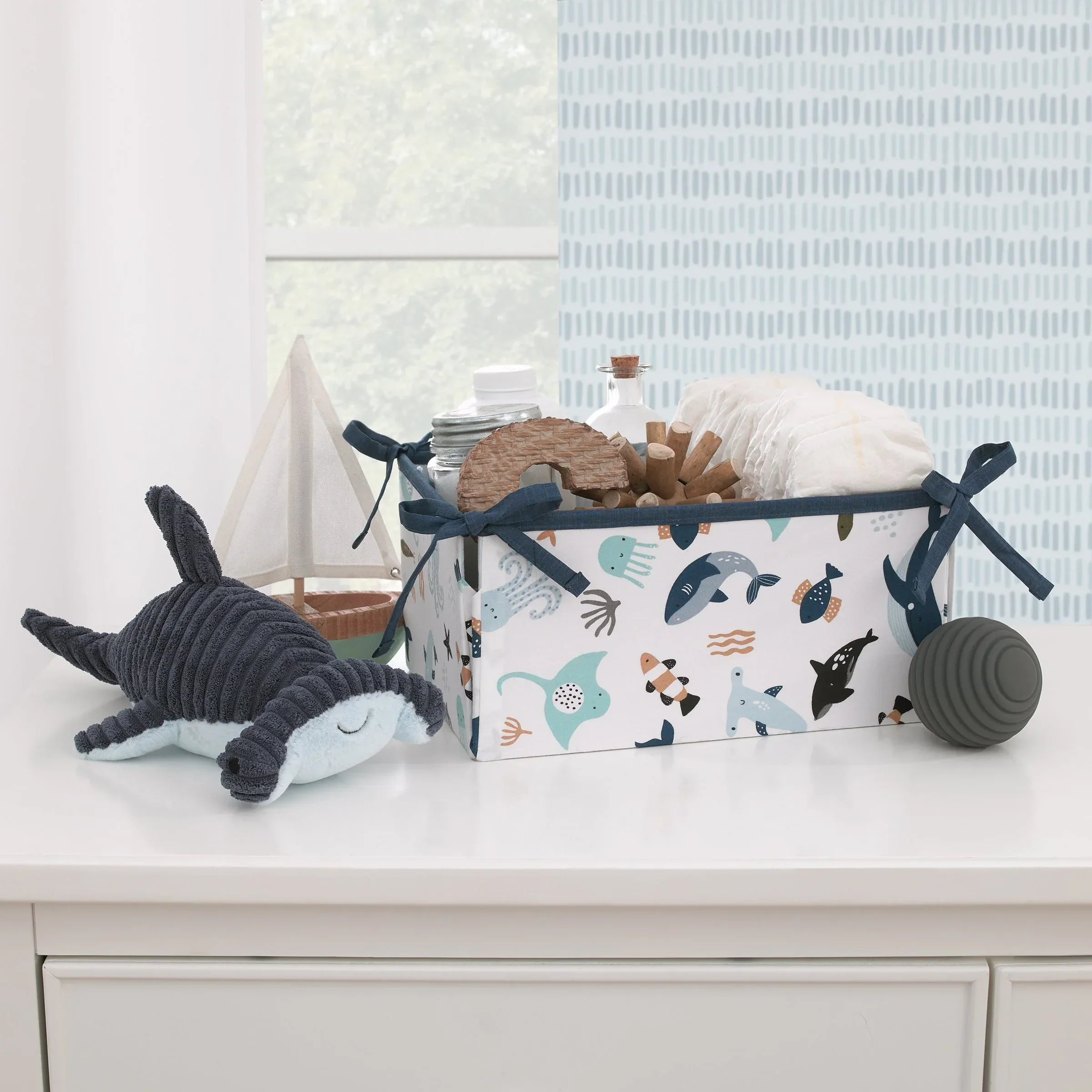 Explore Dream Discover Light Blue, Navy, Gray and Coral Ocean 4 Piece Nursery Crib Bedding Set - Comforter, 100% Cotton Fitted Crib Sheet, Crib Skirt and Nursery Organizer - Image 6