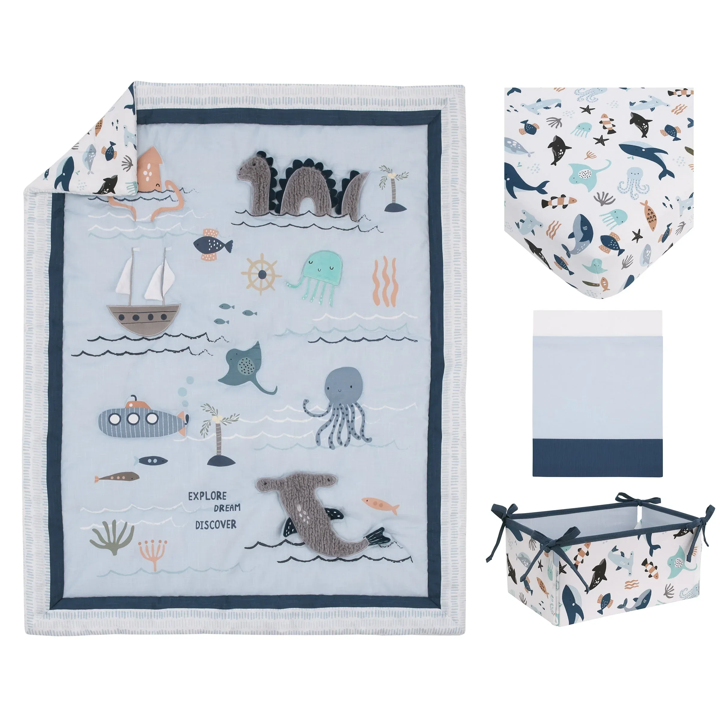 Explore Dream Discover Light Blue, Navy, Gray and Coral Ocean 4 Piece Nursery Crib Bedding Set - Comforter, 100% Cotton Fitted Crib Sheet, Crib Skirt and Nursery Organizer - Image 7