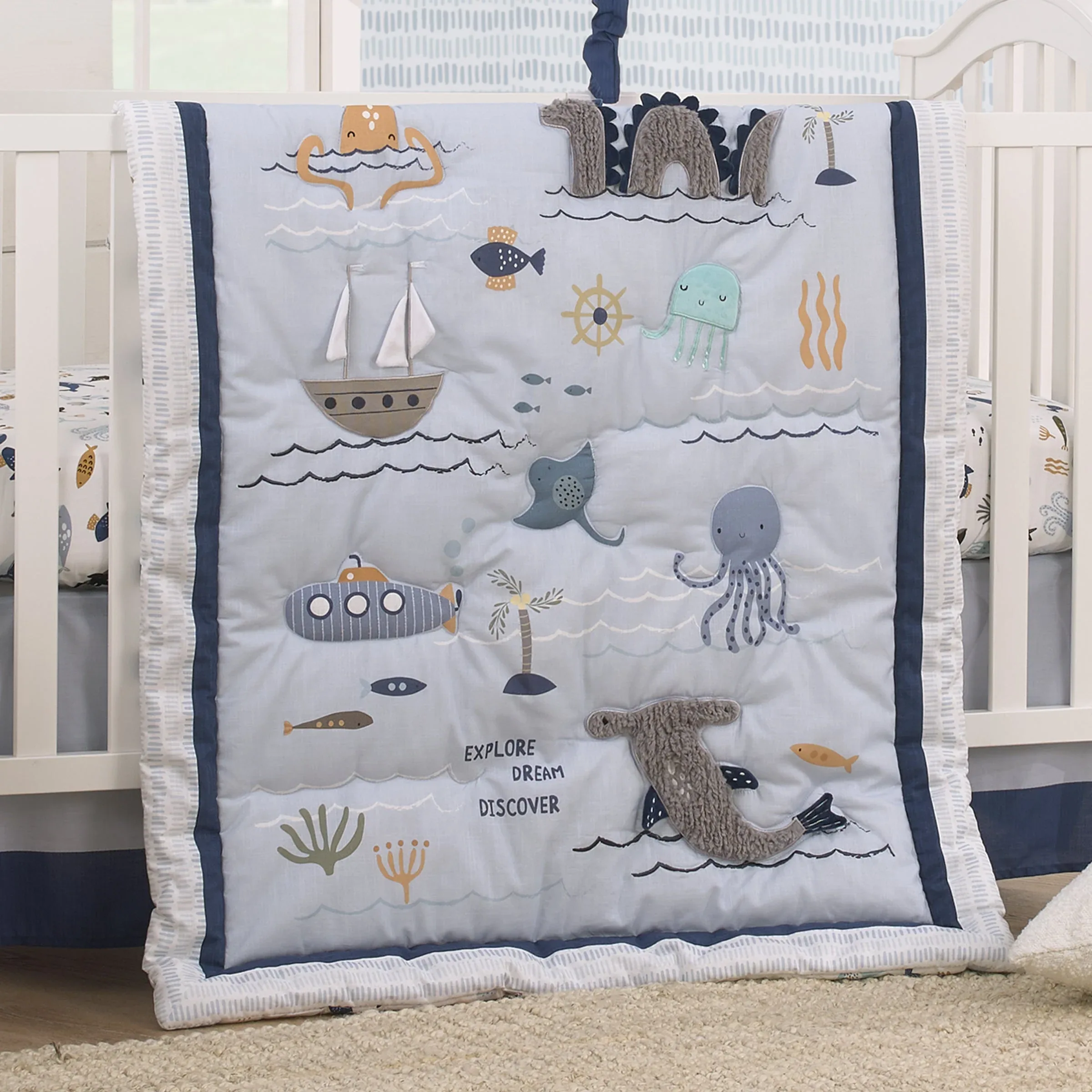 Explore Dream Discover Light Blue, Navy, Gray and Coral Ocean 4 Piece Nursery Crib Bedding Set - Comforter, 100% Cotton Fitted Crib Sheet, Crib Skirt and Nursery Organizer - Image 9