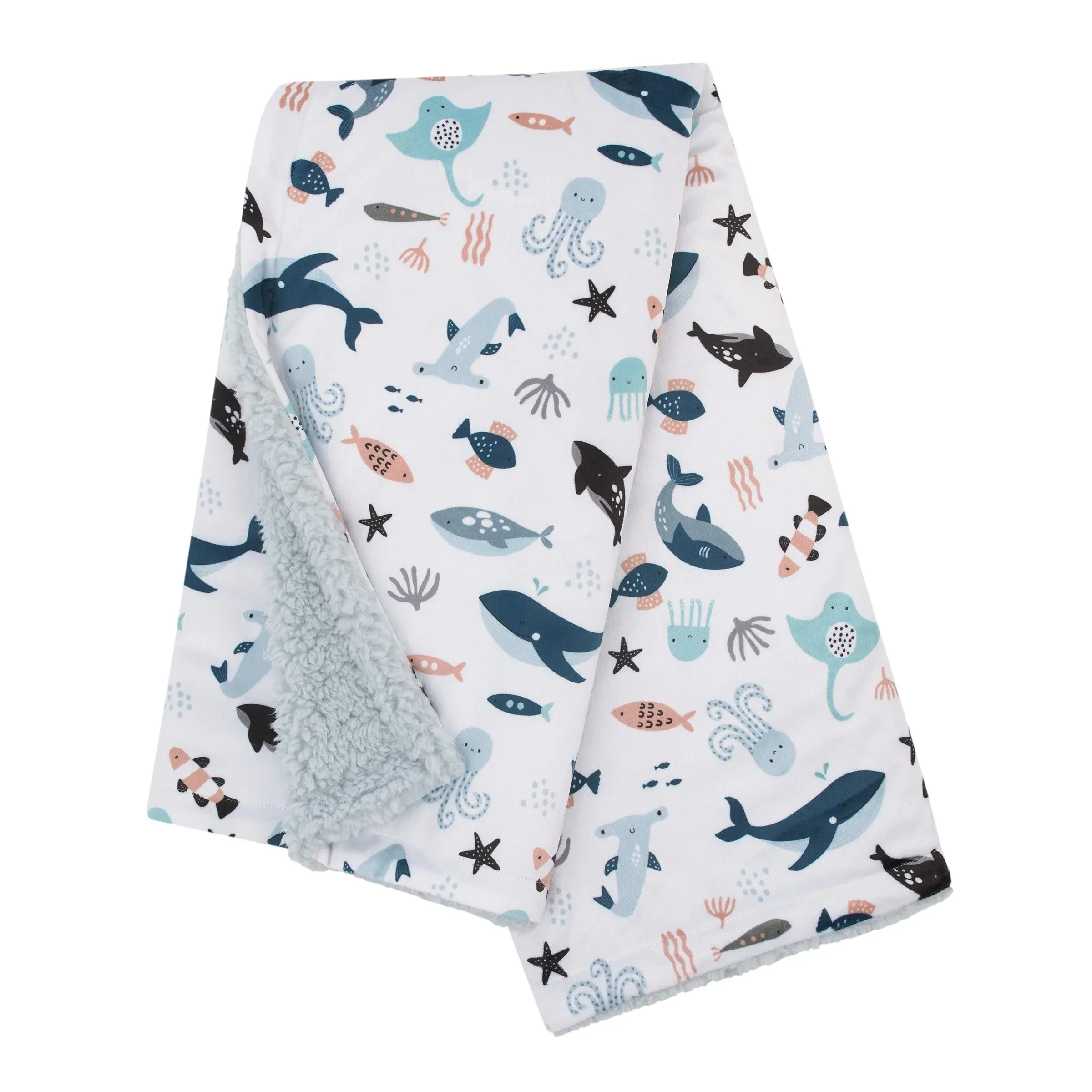 Explore Dream Discover Light Blue, Navy, Gray and Coral Super Soft Sherpa Baby Blanket - Image 2
