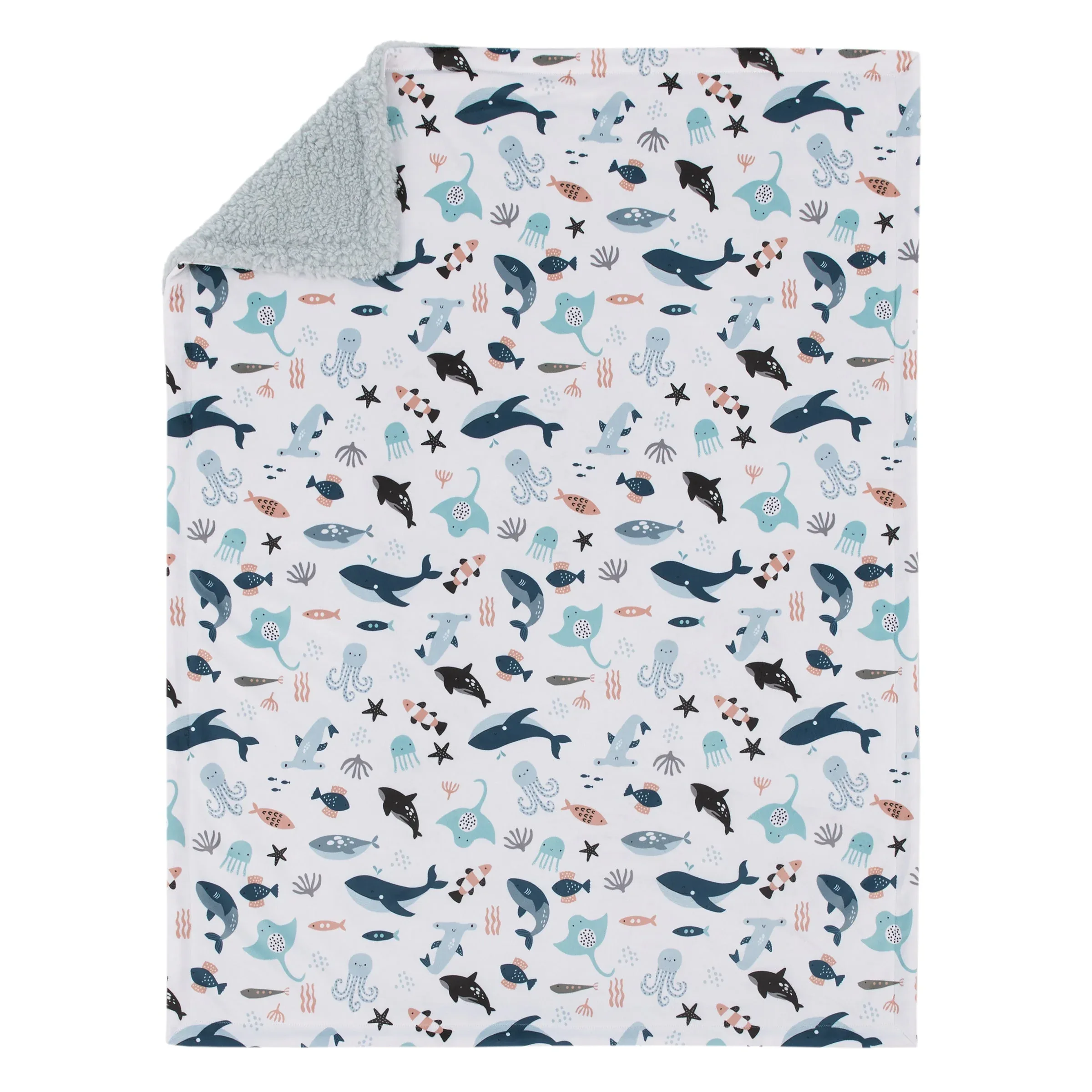 Explore Dream Discover Light Blue, Navy, Gray and Coral Super Soft Sherpa Baby Blanket - Image 3