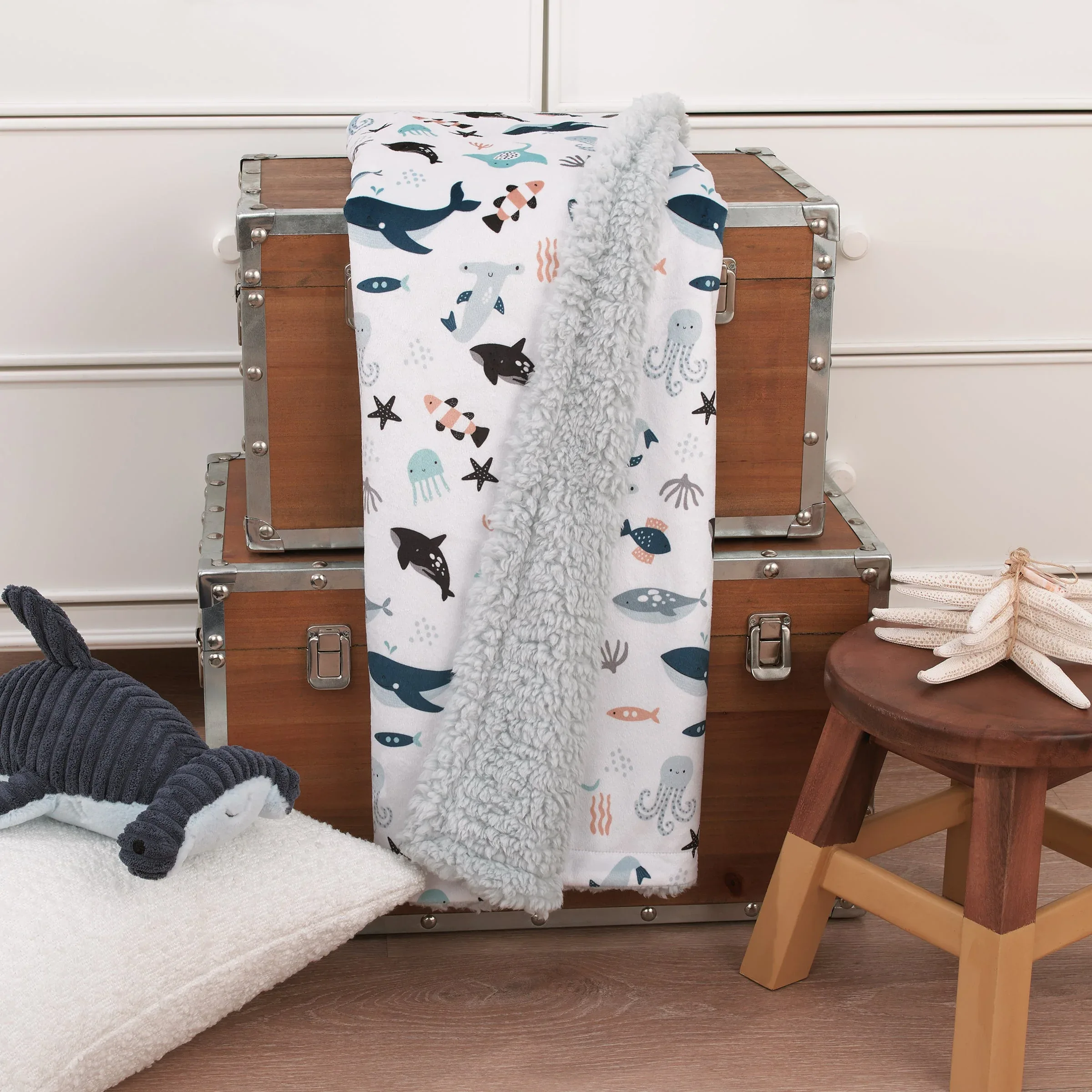 Explore Dream Discover Light Blue, Navy, Gray and Coral Super Soft Sherpa Baby Blanket - Image 4