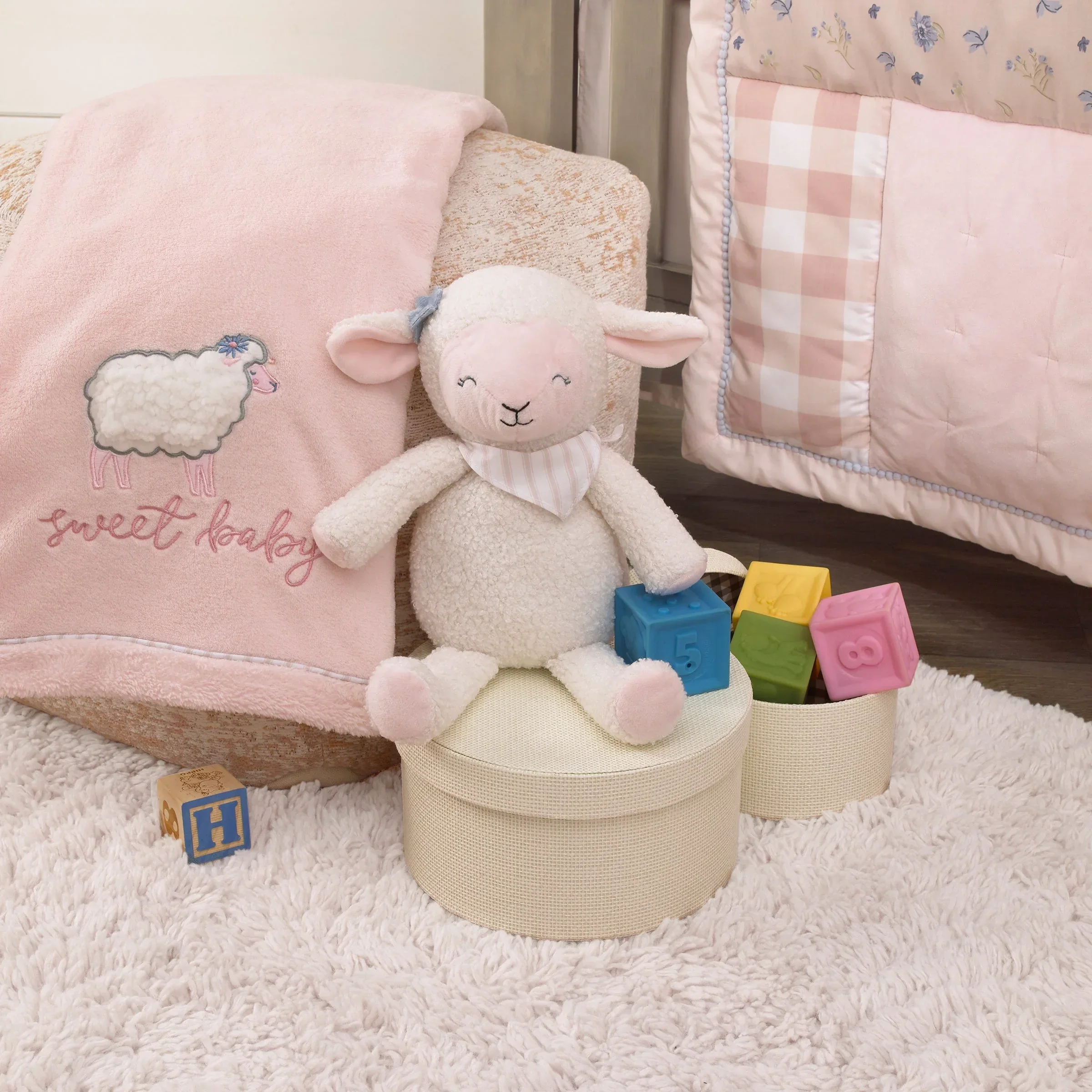 Farmhouse Chic Pink and White Super Soft Plush Stuffed Animal Lamb with Bandana - "Meadow" - Image 4
