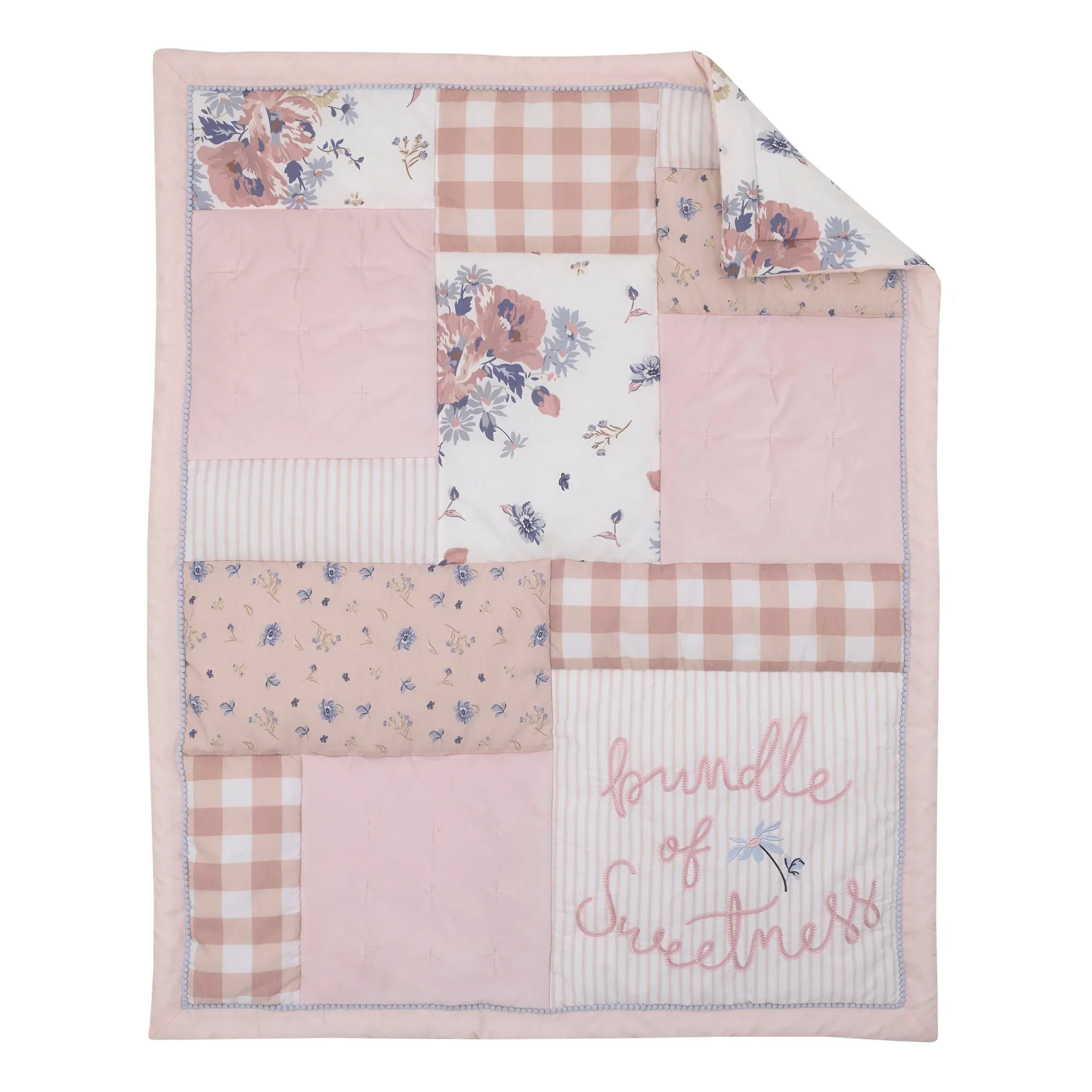 Farmhouse Chic Pink, Periwinkle, and White Floral, Stripes, Gingham, and Velvet 'Bundle of Sweetness' 4 Piece Nursery Crib Bedding Set - Comforter, 100% Cotton Fitted Crib Sheet, Crib Skirt, and Storage - Image 2