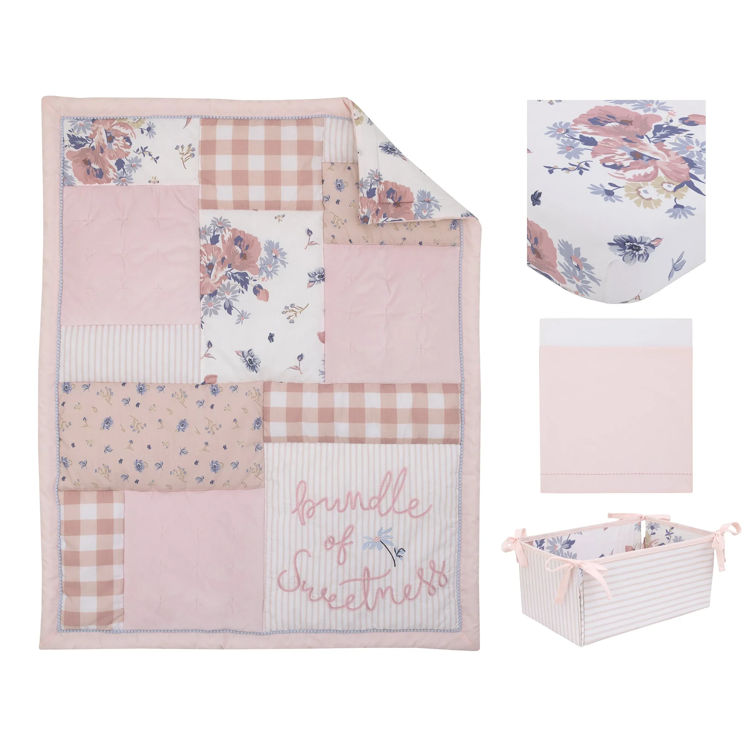 Farmhouse Chic Pink, Periwinkle, and White Floral, Stripes, Gingham, and Velvet 'Bundle of Sweetness' 4 Piece Nursery Crib Bedding Set - Comforter, 100% Cotton Fitted Crib Sheet, Crib Skirt, and Storage - Image 6