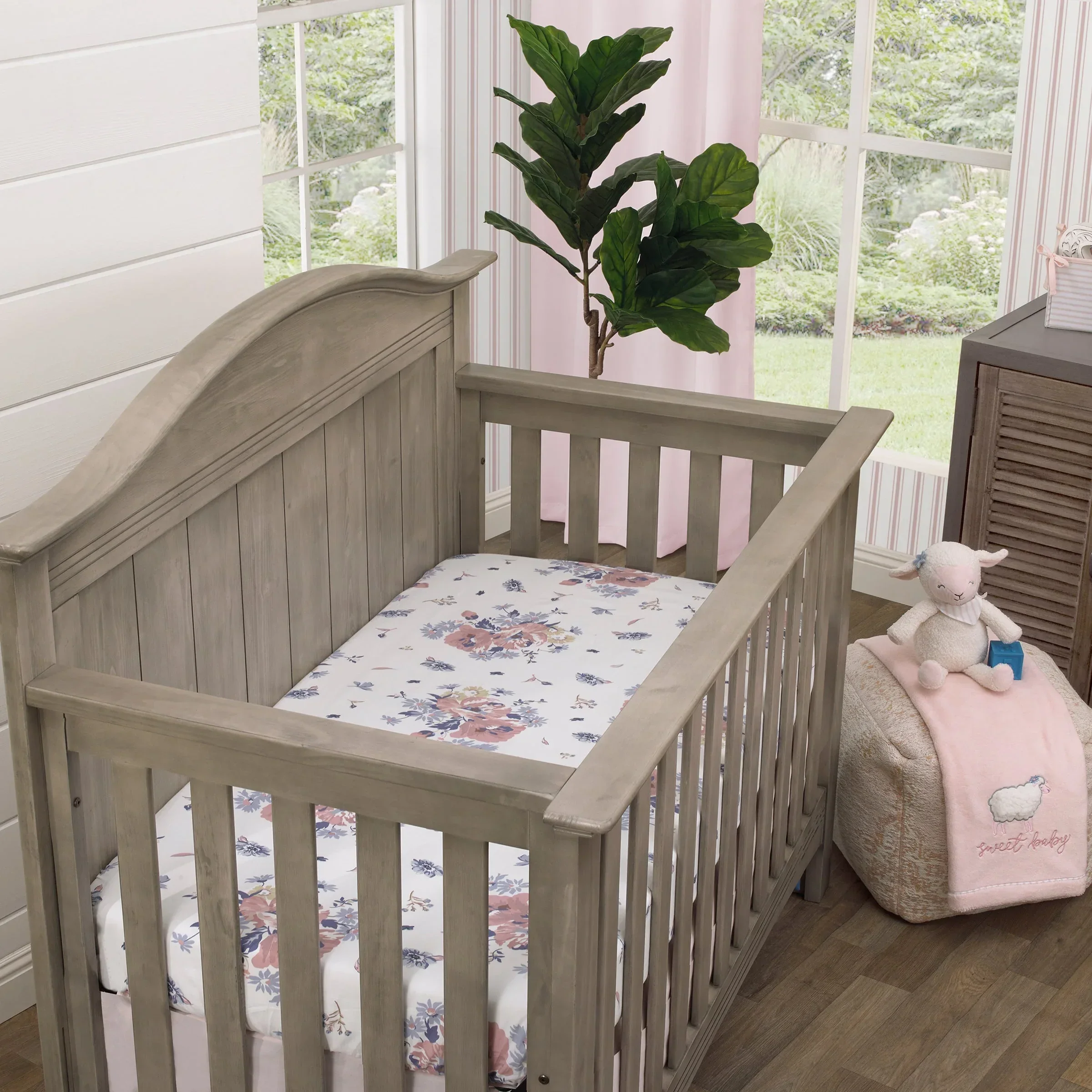 Farmhouse Chic Pink, Periwinkle, and White Floral, Stripes, Gingham, and Velvet 'Bundle of Sweetness' 4 Piece Nursery Crib Bedding Set - Comforter, 100% Cotton Fitted Crib Sheet, Crib Skirt, and Storage - Image 7