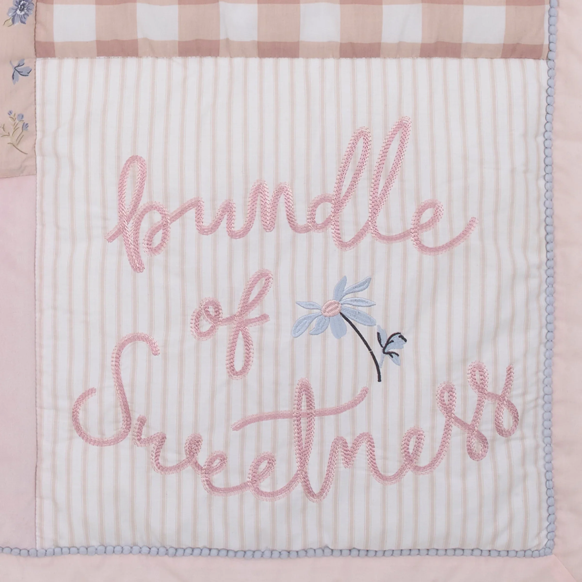 Farmhouse Chic Pink, Periwinkle, and White Floral, Stripes, Gingham, and Velvet 'Bundle of Sweetness' 4 Piece Nursery Crib Bedding Set - Comforter, 100% Cotton Fitted Crib Sheet, Crib Skirt, and Storage - Image 8