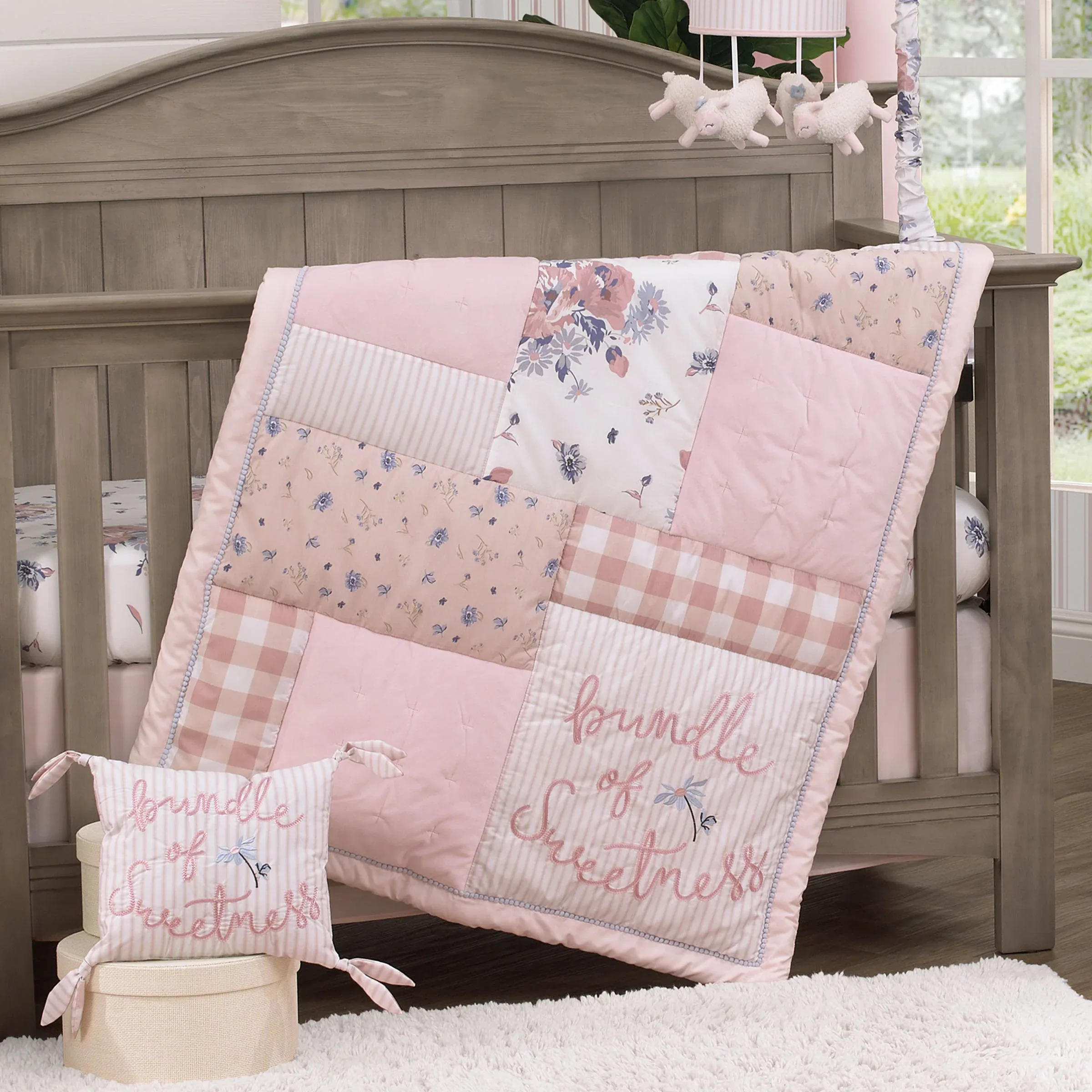 Farmhouse Chic Pink, Periwinkle, and White Floral, Stripes, Gingham, and Velvet 'Bundle of Sweetness' 4 Piece Nursery Crib Bedding Set - Comforter, 100% Cotton Fitted Crib Sheet, Crib Skirt, and Storage - Image 9