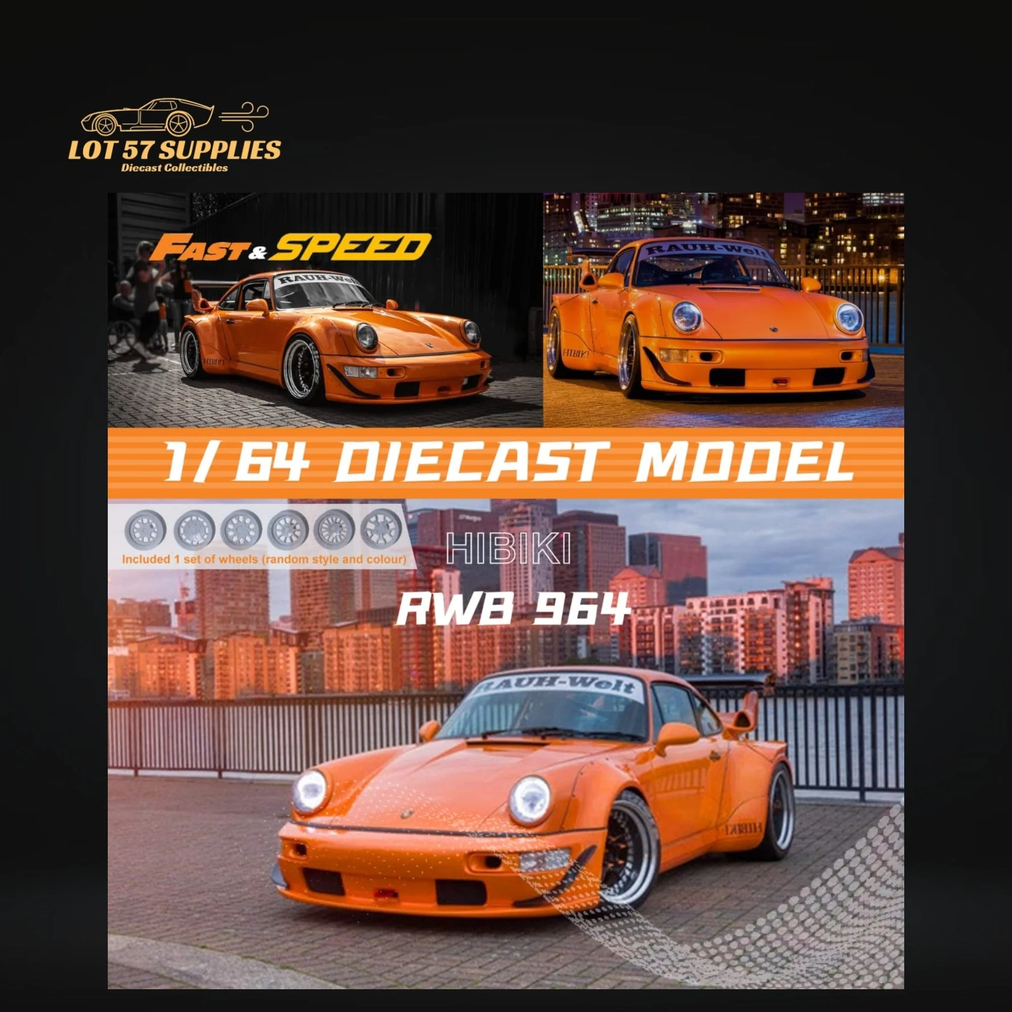 Fast Speed Porsche 964 RWB Widebody Orange 1:64 - Image 5