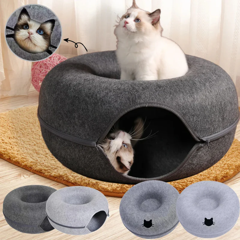 Felt Donut Cat Bed with Tunnel and Hideaway - Image 2
