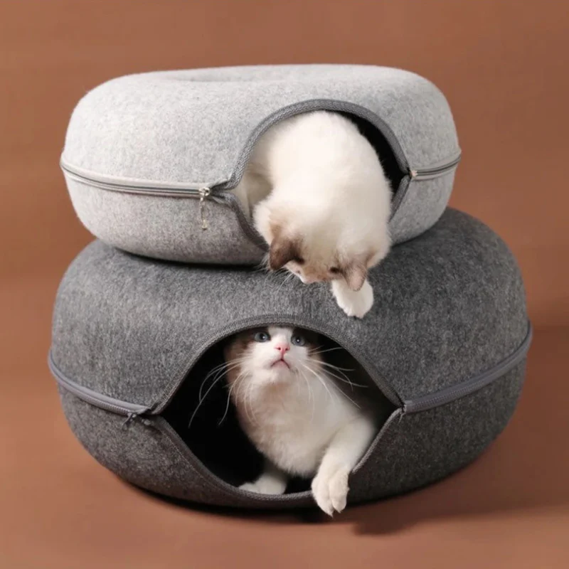 Felt Donut Cat Bed with Tunnel and Hideaway - Image 3