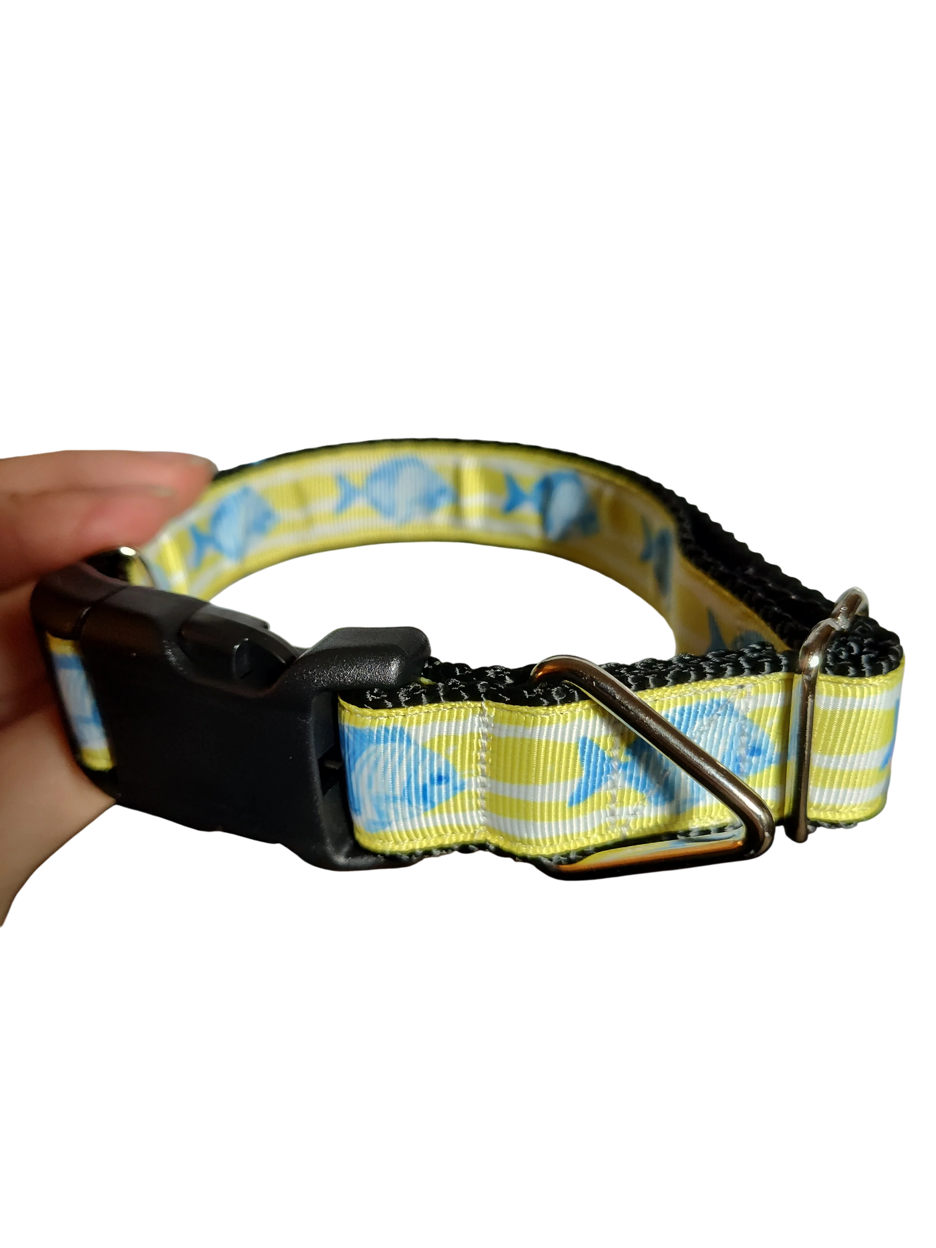 Fish On Yellow Stripes Nylon Dog Collar - Image 2