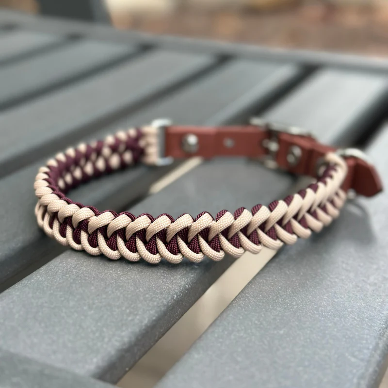 Fishtail Hand Braided Dog Collar in Burgundy & Cream - Image 2