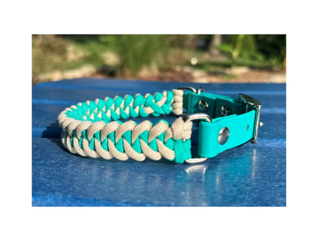 Fishtail Hand Braided Dog Collar in Teal & Cream - Image 2