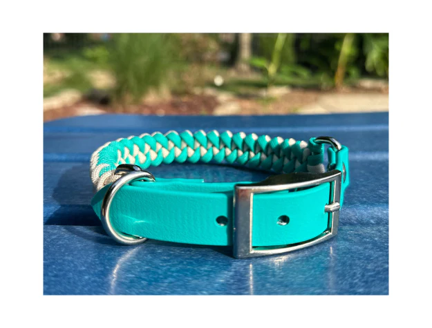 Fishtail Hand Braided Dog Collar in Teal & Cream - Image 9