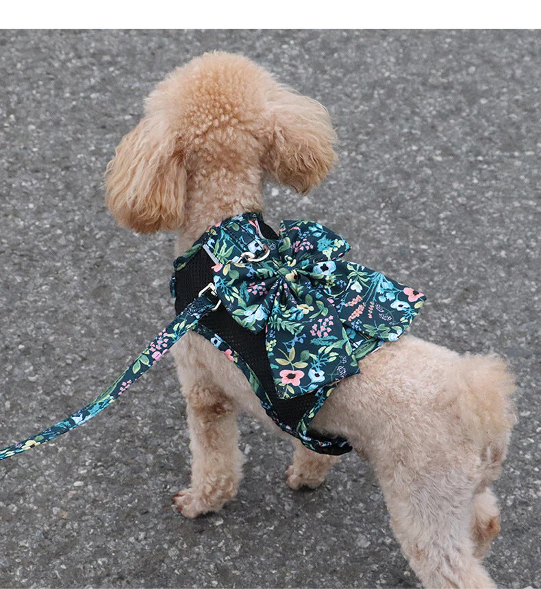 Floral Bow Mesh Dog Harness Dress with Leash - Image 11