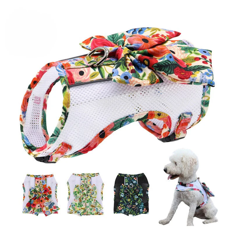 Floral Bow Mesh Dog Harness Dress with Leash - Image 2
