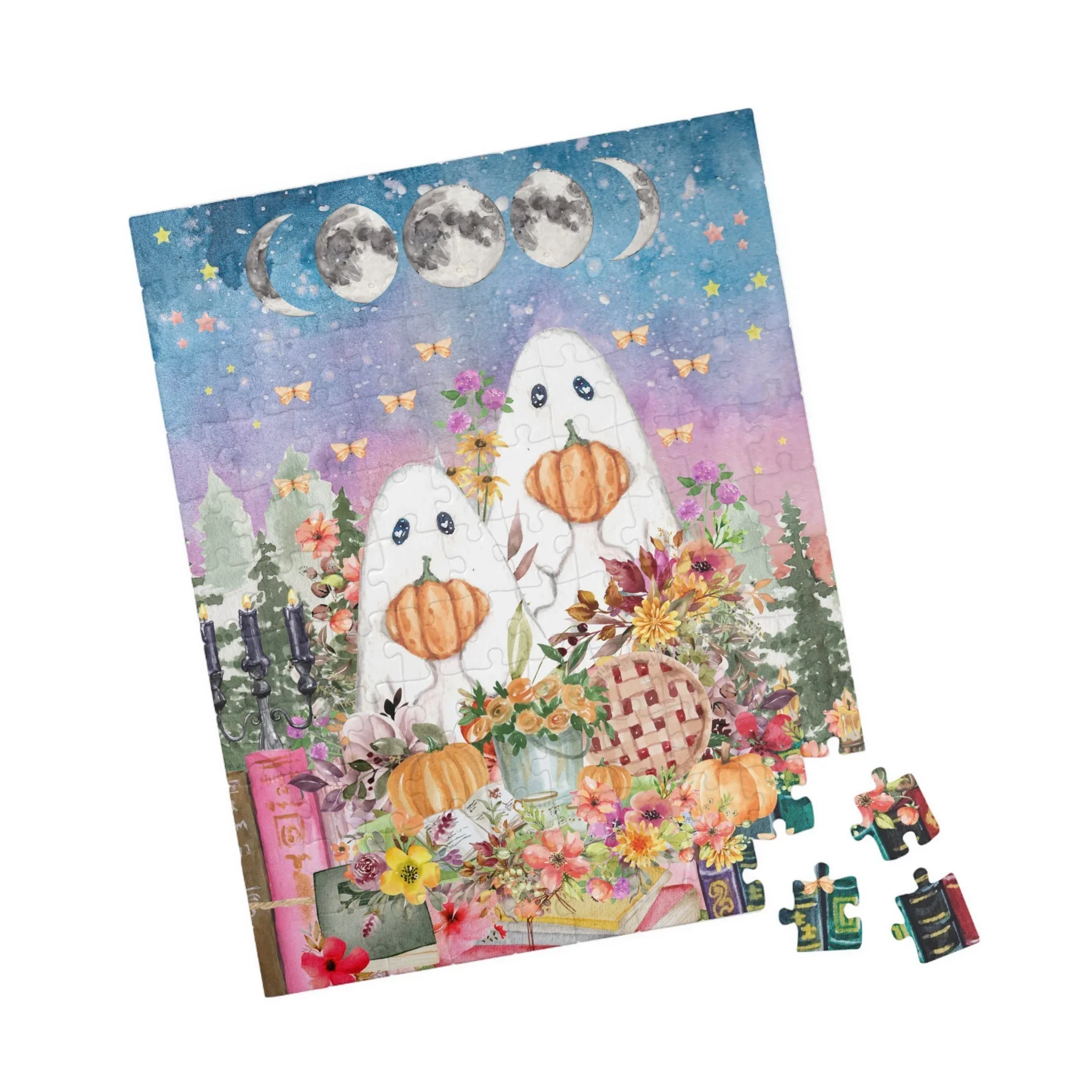 Floral Ghost Halloween Puzzle with Cute Ghosts Holding Pumpkins - Image 3
