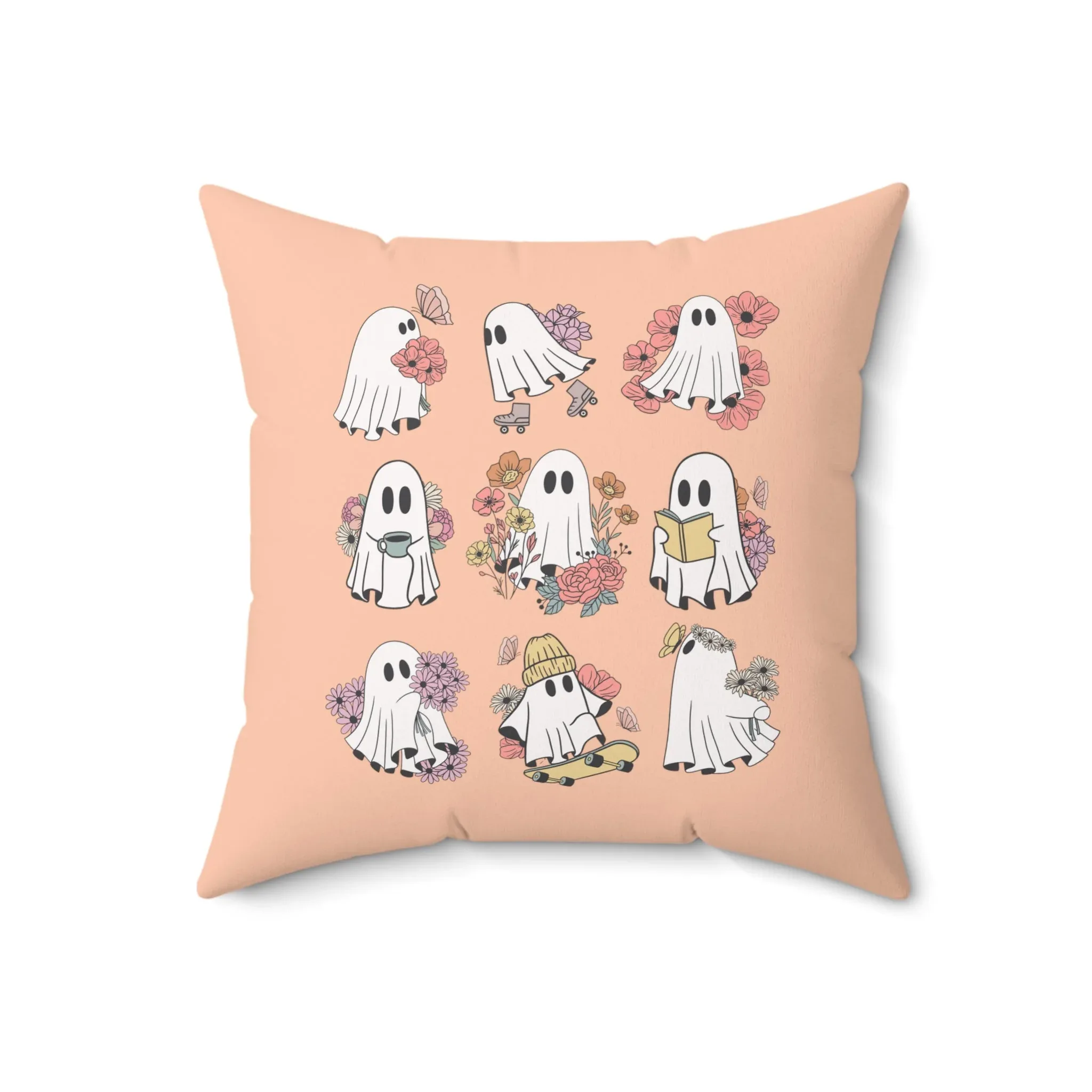 Floral Ghost Pillow for Halloween: Pastel Goth Groovy Ghost with Flowers and Boho Butterflies