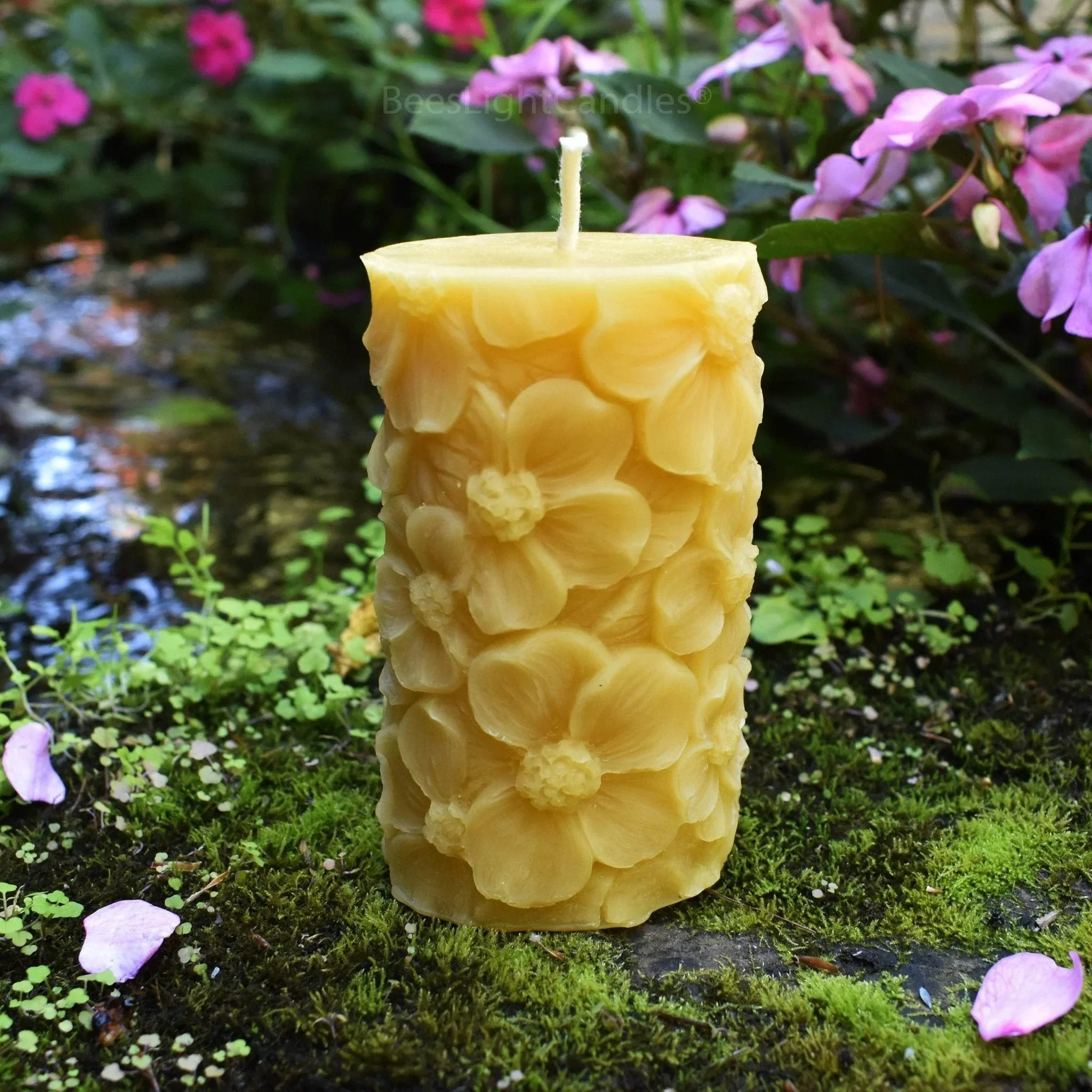 Floral Pillar Beeswax Candle - Image 2