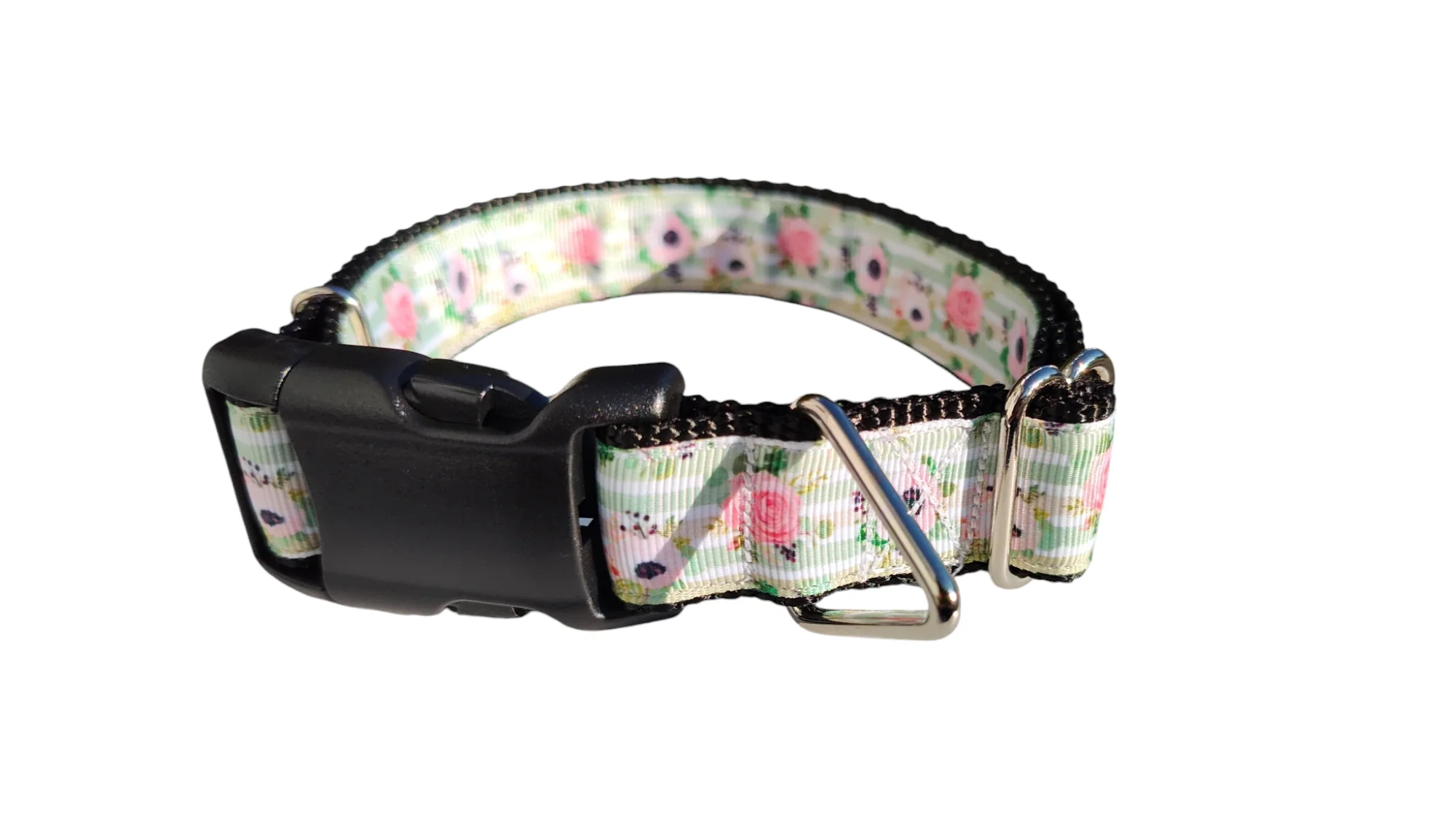 Flowers on Mint Stripes Nylon Dog Collar - Image 2