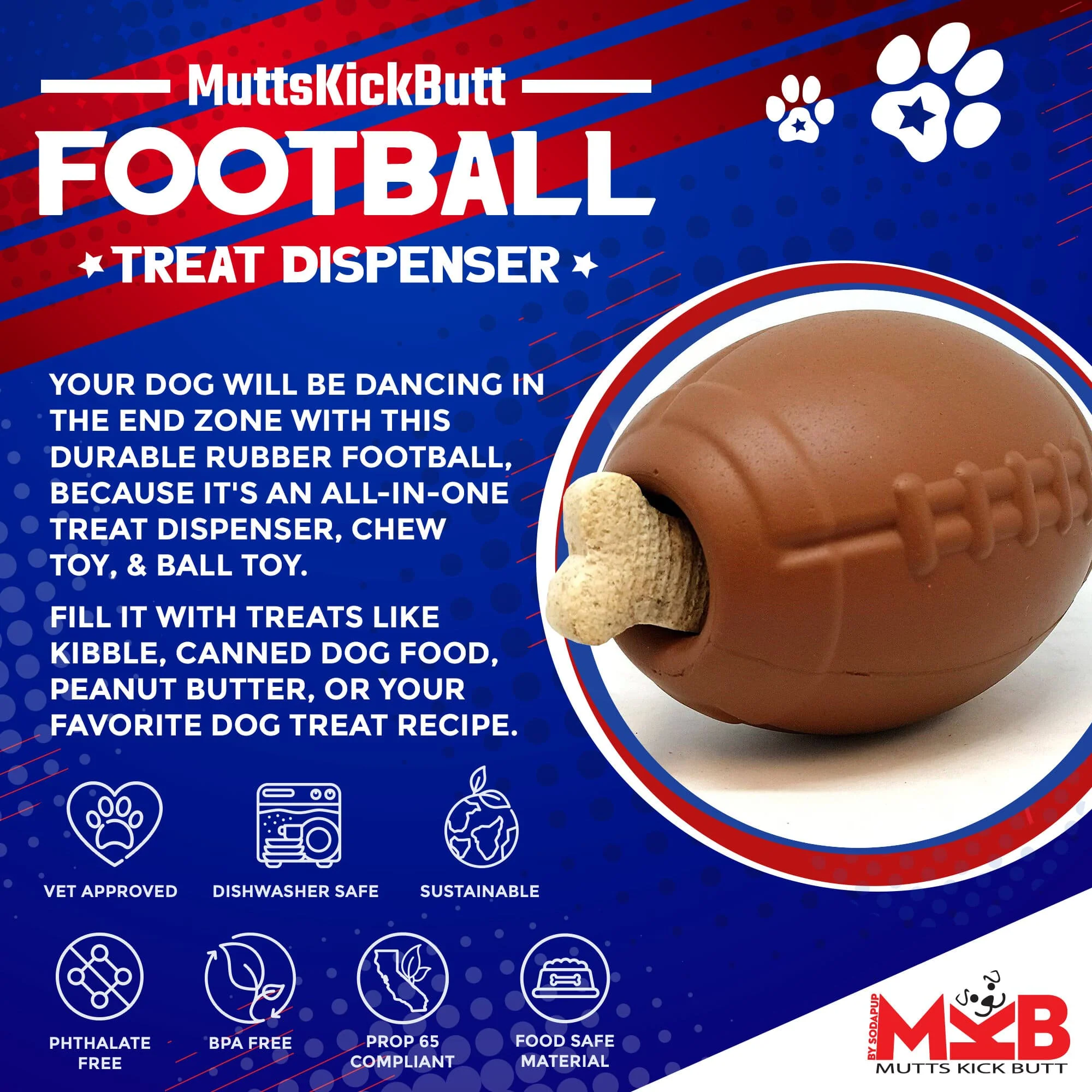 Football Dog Chew Toy & Treat Dispenser - USA Made | SodaPup - Image 2