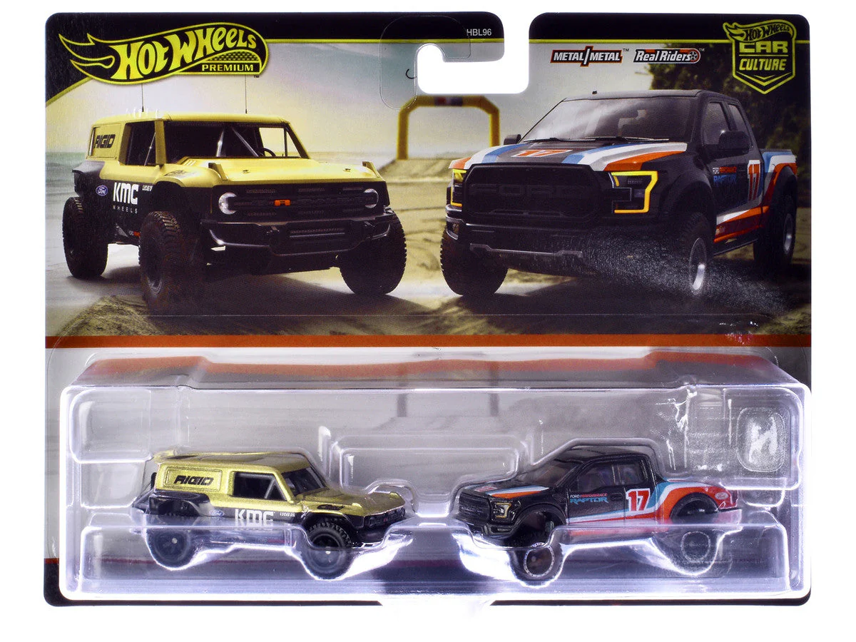 Ford Bronco R Gold Metallic and Black and 2017 Ford F-150 Raptor Pickup Truck #17 Black with Stripes "Car Culture" Set of 2 Cars Diecast Model Cars by Hot Wheels - Image 2