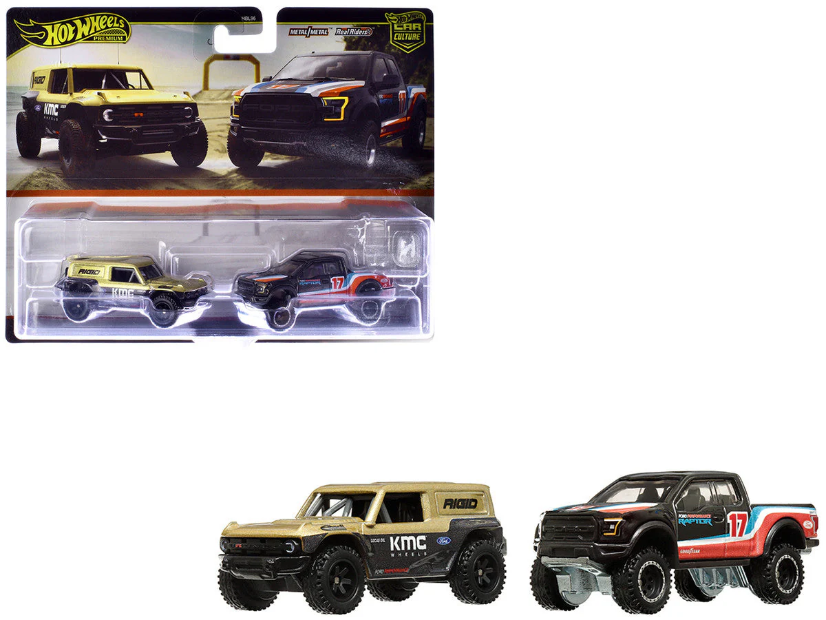 Ford Bronco R Gold Metallic and Black and 2017 Ford F-150 Raptor Pickup Truck #17 Black with Stripes "Car Culture" Set of 2 Cars Diecast Model Cars by Hot Wheels - Image 3
