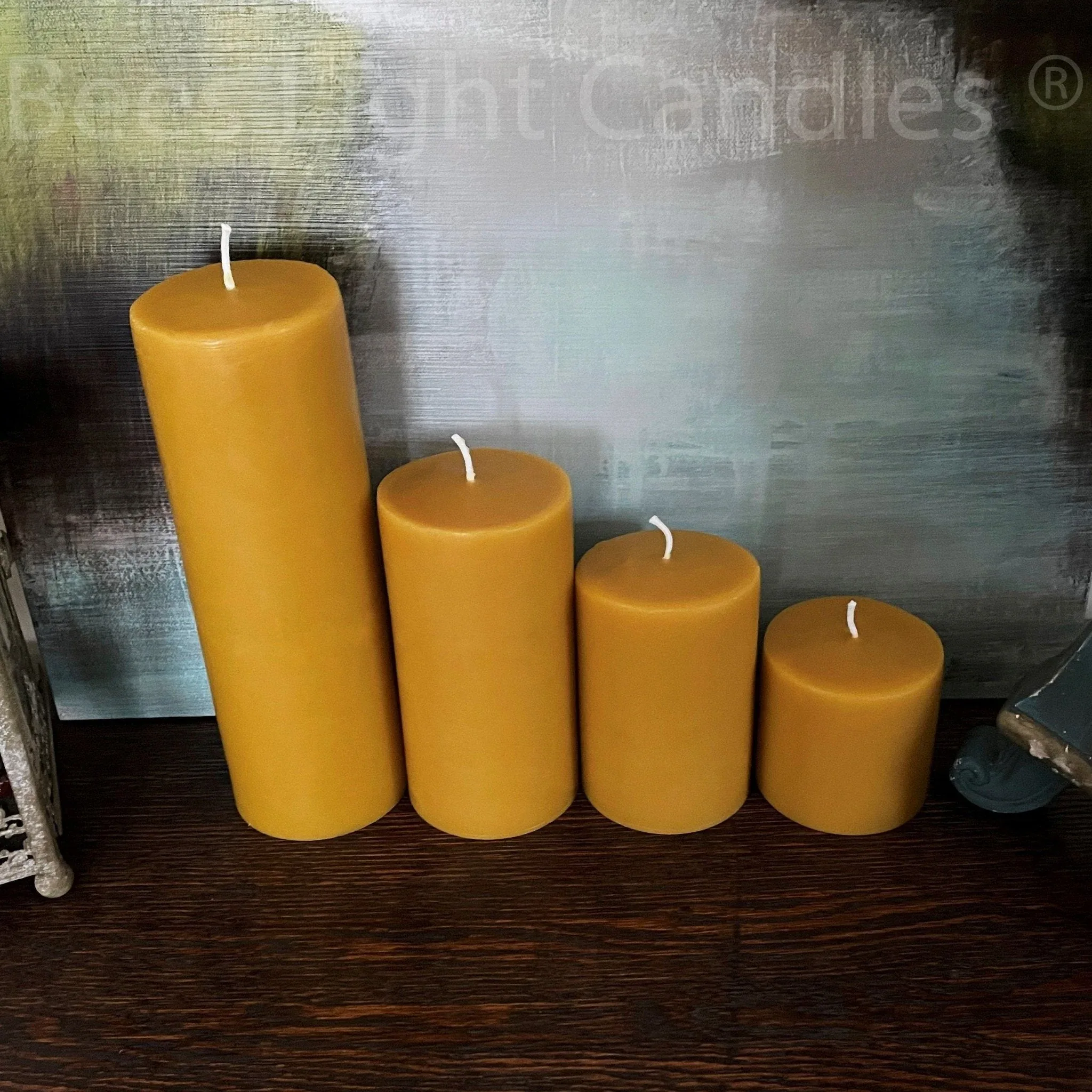 Four Inch Wide Beeswax Pillar Candles Full Set - Image 3
