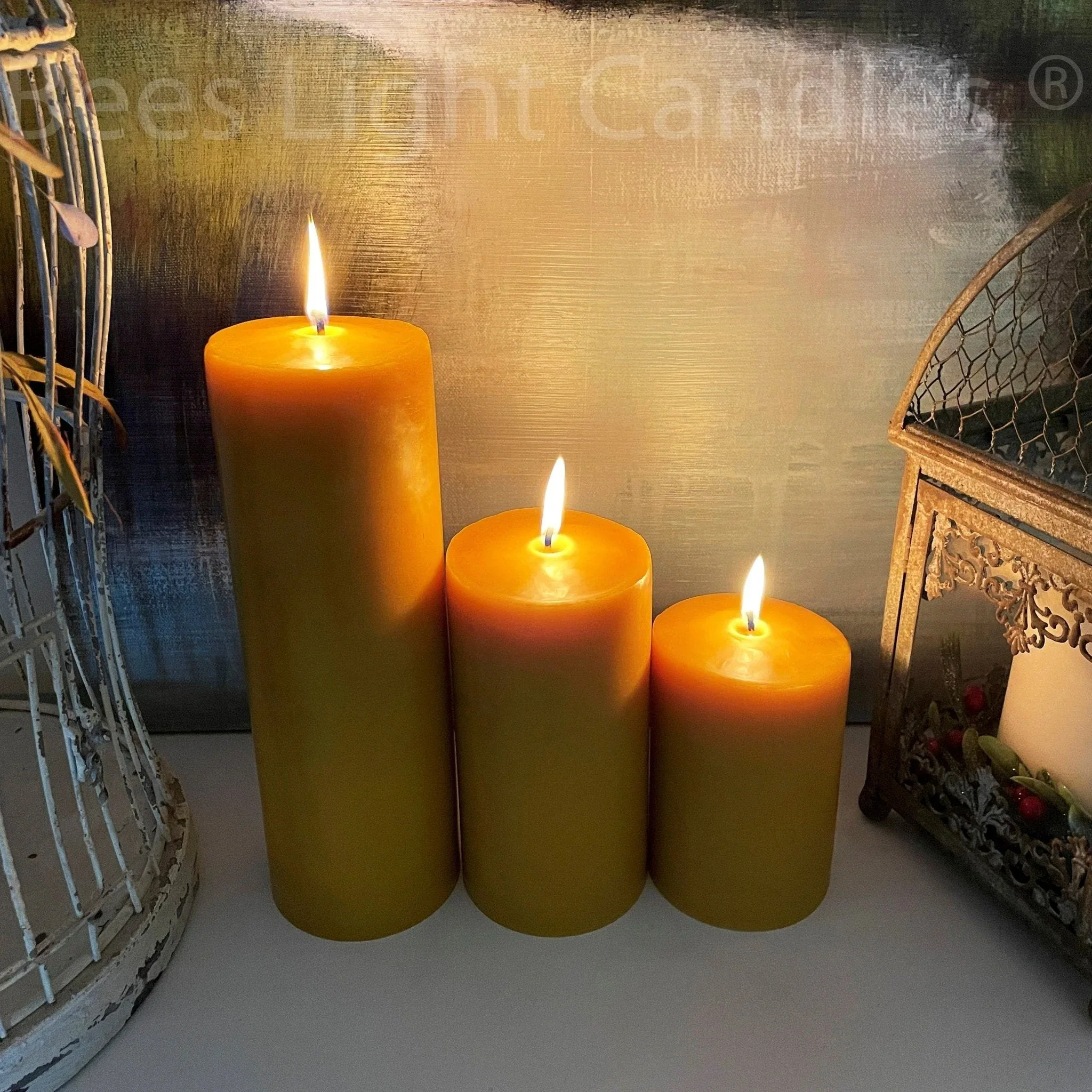 Four Inch Wide Beeswax Pillar Candles Full Set - Image 4