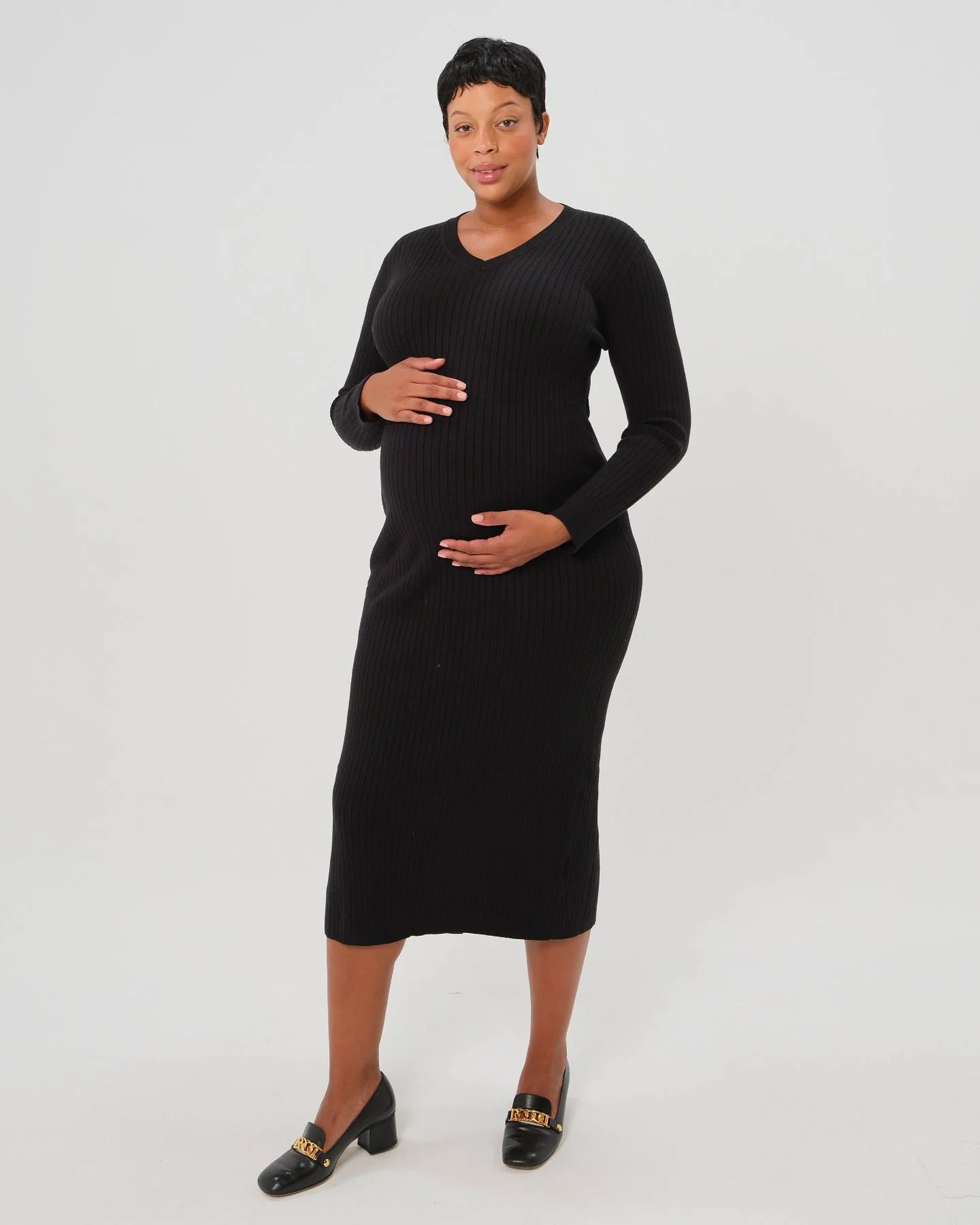 Full Body Ribbed Maternity & Nursing Midi Sweater Dress - Image 3
