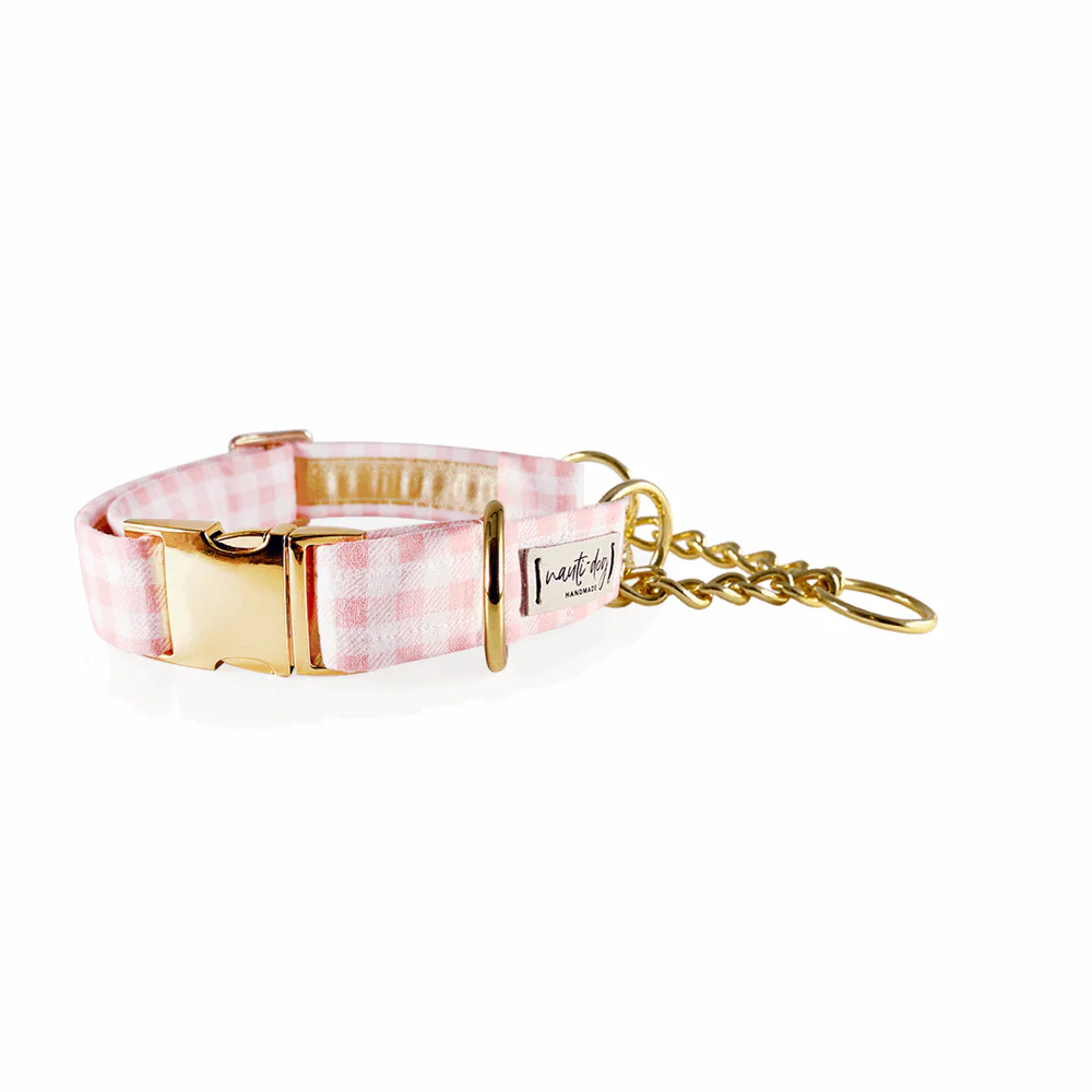 Gingham Pink Girly Summer Plaid Check Buckle & Martingale Dog Collar - Image 2