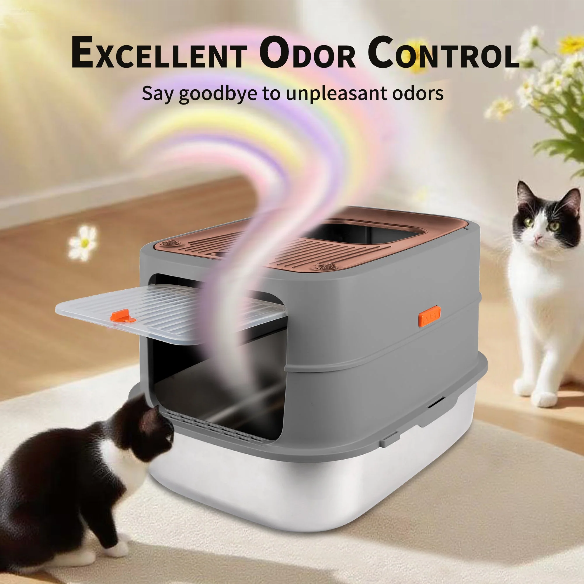 Go Fresh - Cat Litter Box - 2 Entries Hooded Cat Litter Box With Stainless Steel Base - Image 11
