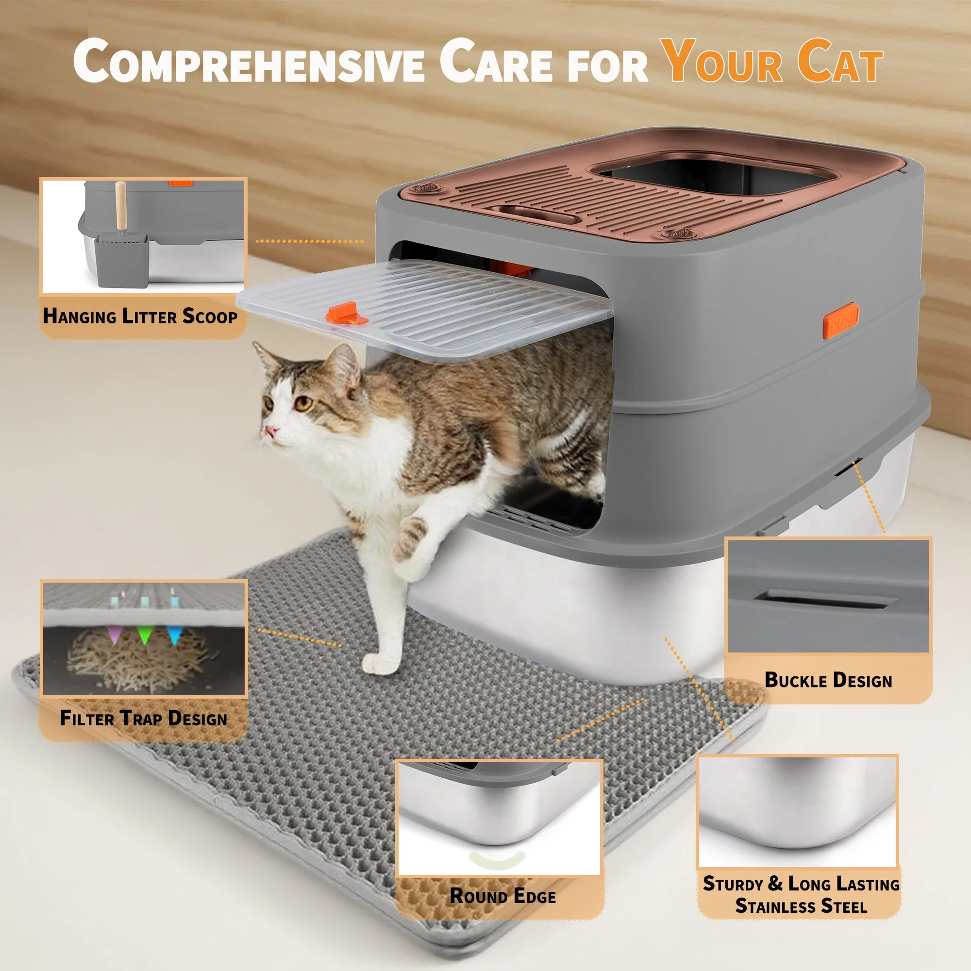 Go Fresh - Cat Litter Box - 2 Entries Hooded Cat Litter Box With Stainless Steel Base - Image 13