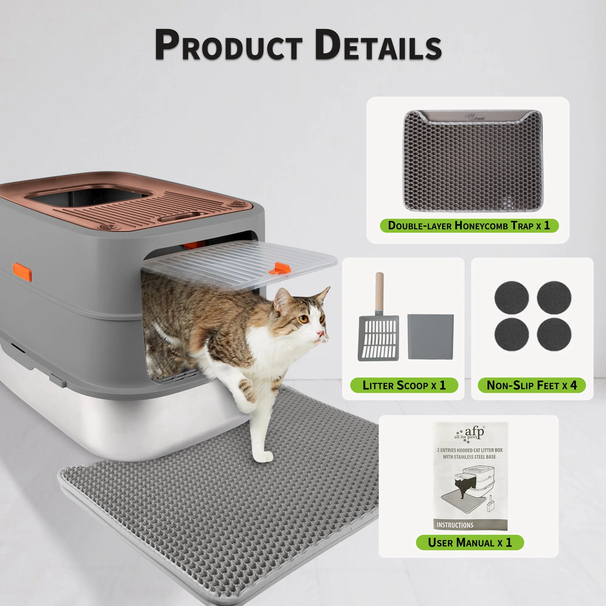 Go Fresh - Cat Litter Box - 2 Entries Hooded Cat Litter Box With Stainless Steel Base - Image 14