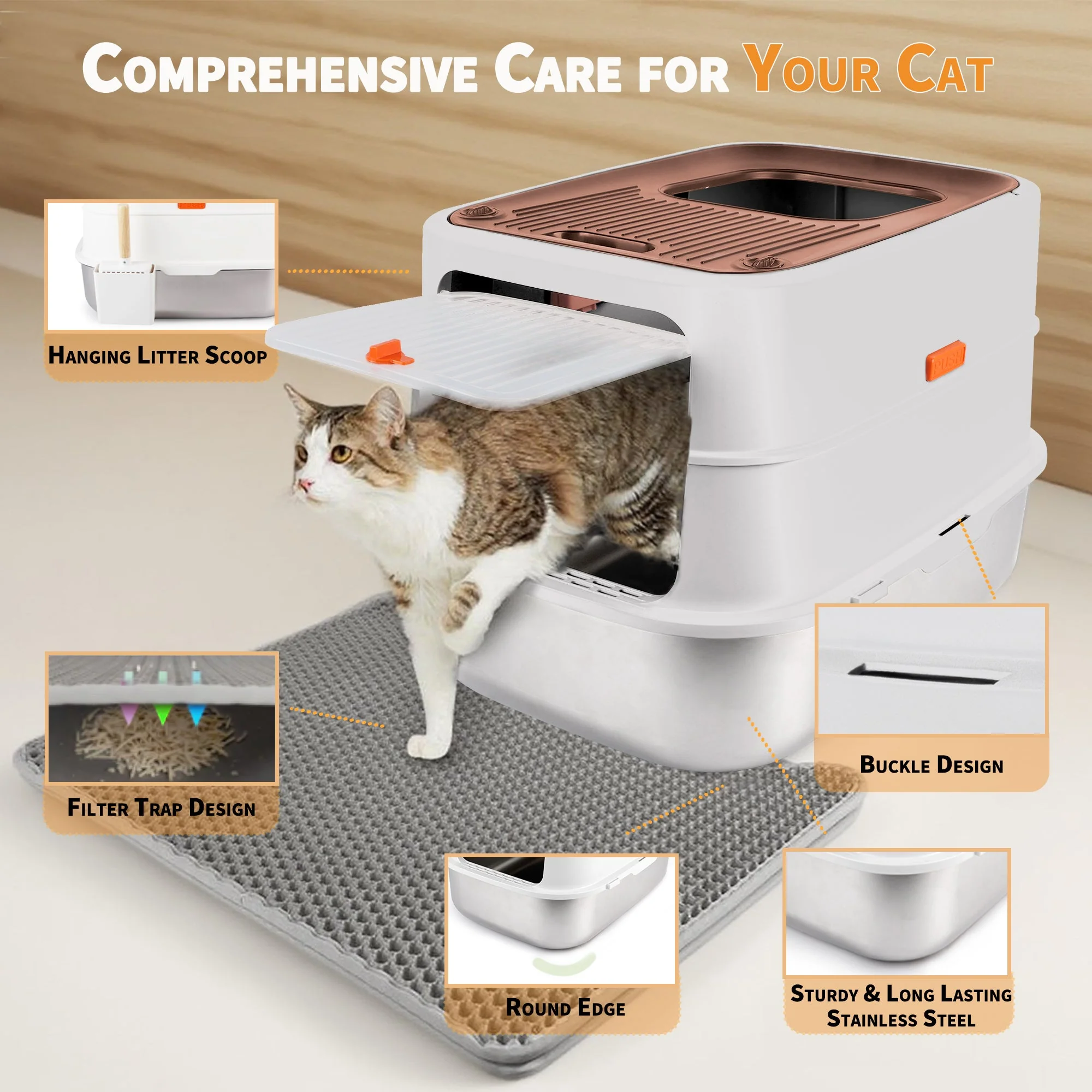 Go Fresh - Cat Litter Box - 2 Entries Hooded Cat Litter Box With Stainless Steel Base - Image 5