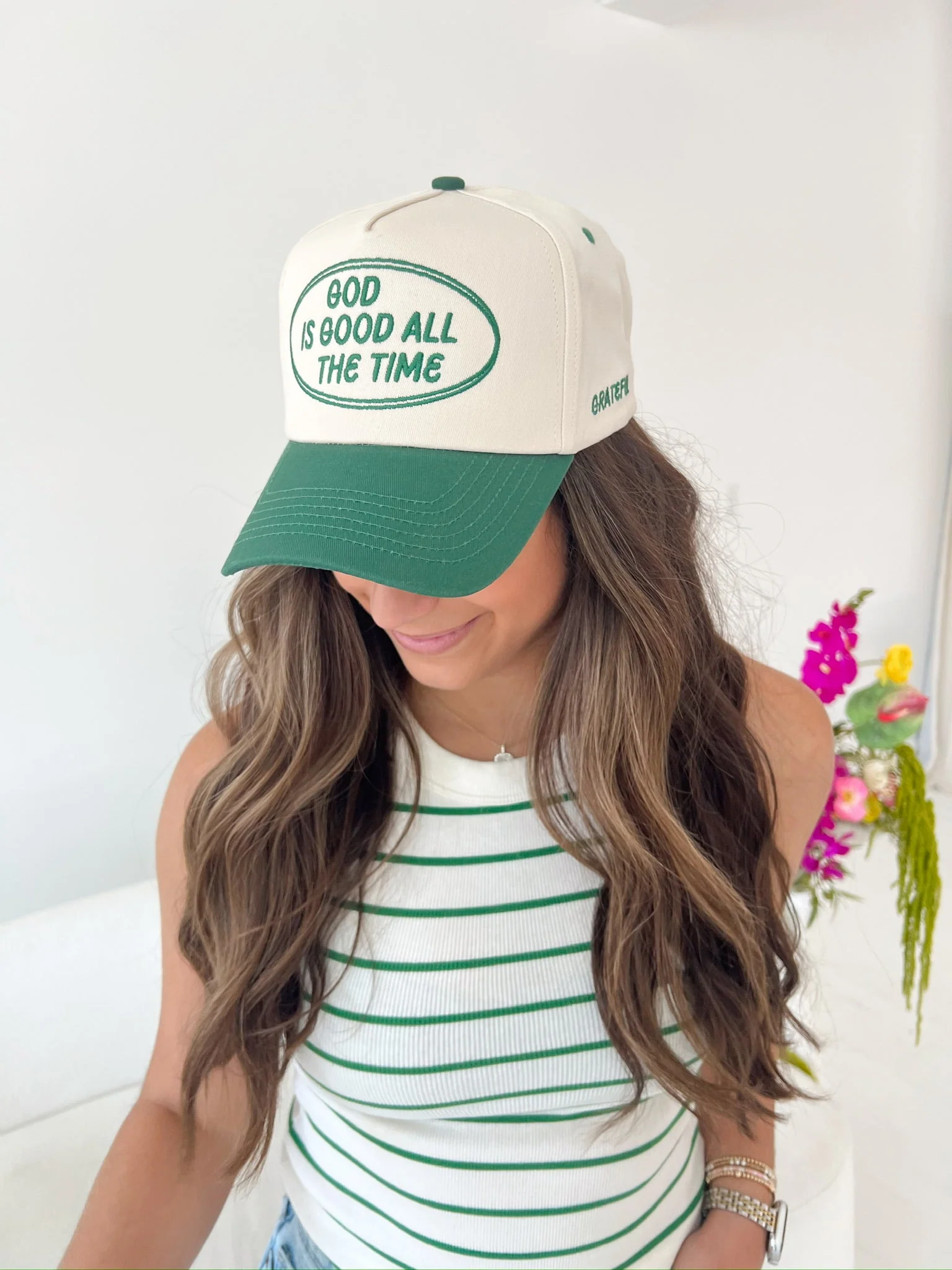 God is Good - Green Vintage Trucker Hat - Image 10