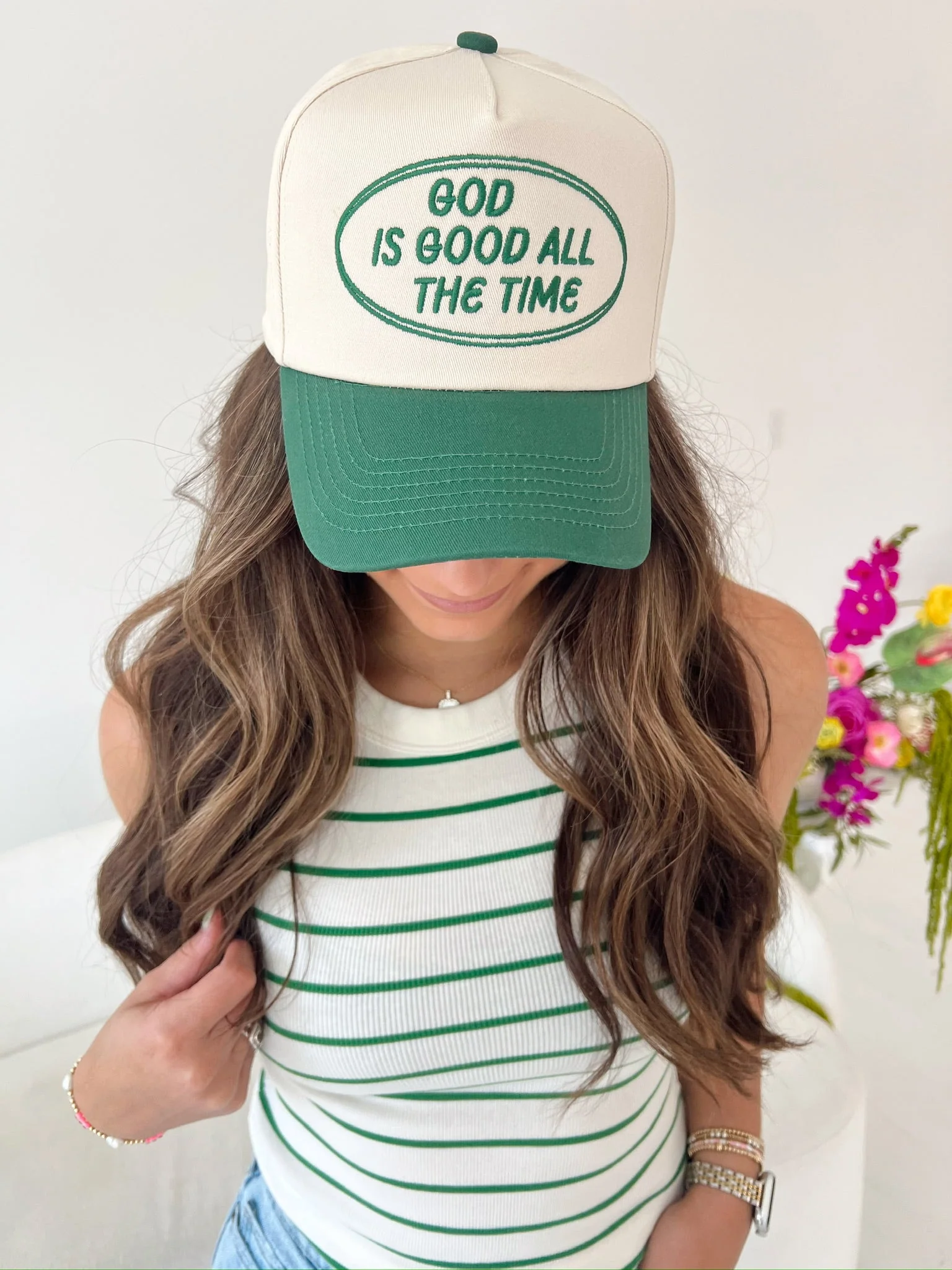 God is Good - Green Vintage Trucker Hat - Image 6