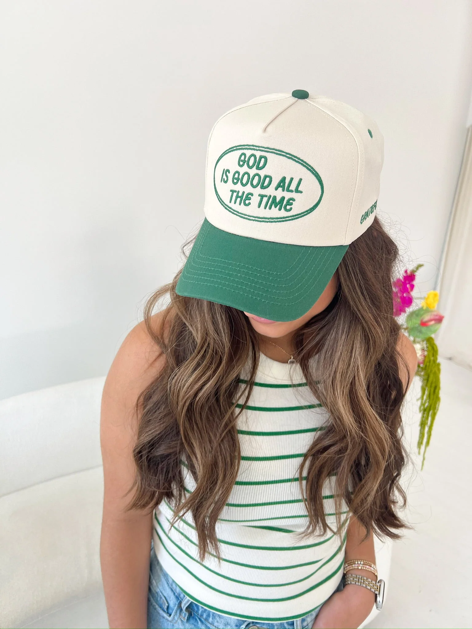 God is Good - Green Vintage Trucker Hat - Image 7