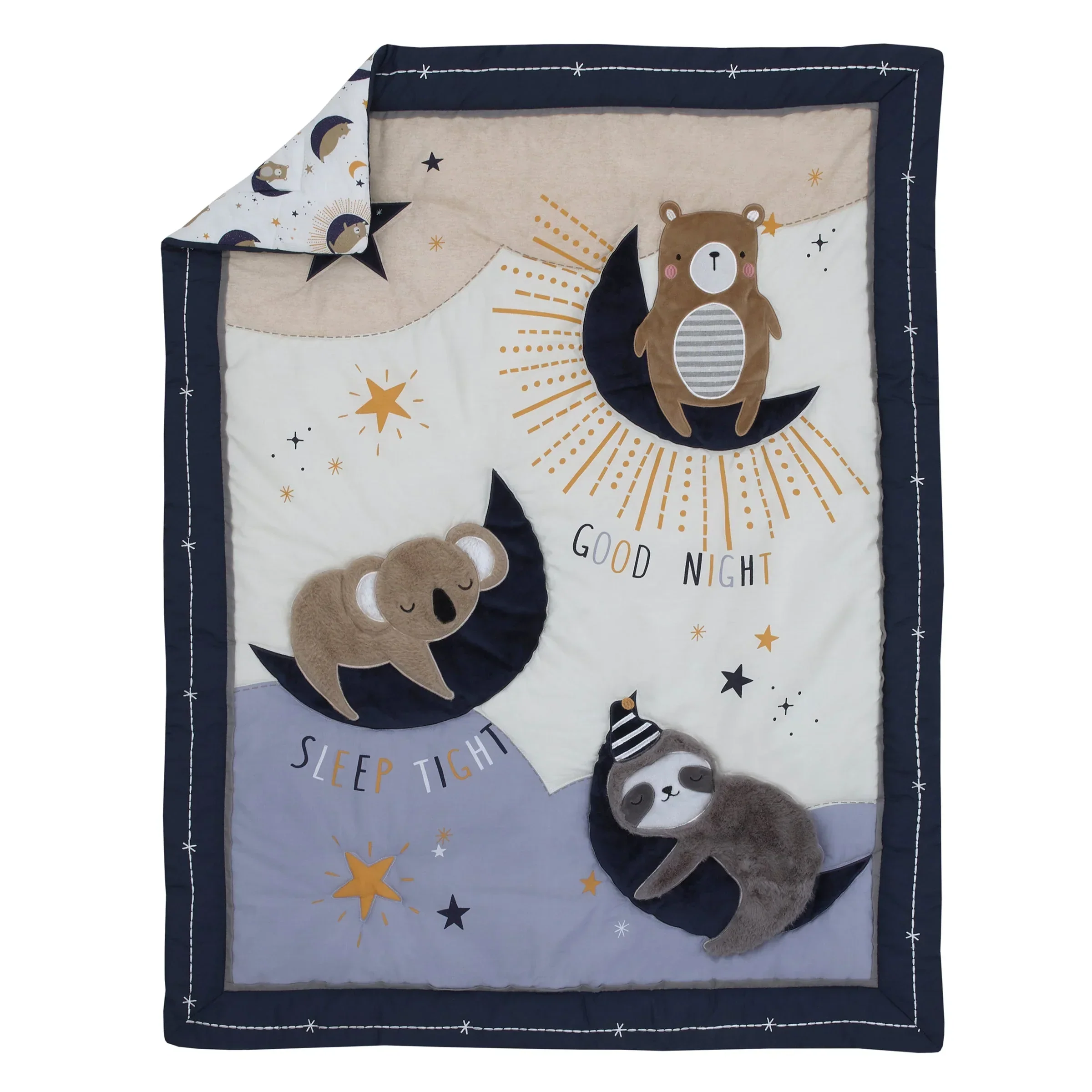 Goodnight Sleep Tight White and Blue Koala, Sloth, Bear, Star, and Moon 4 Piece Nursery Crib Bedding Set - Comforter, 100% Cotton Fitted Crib Sheet, Crib Skirt, and Storage - Image 2