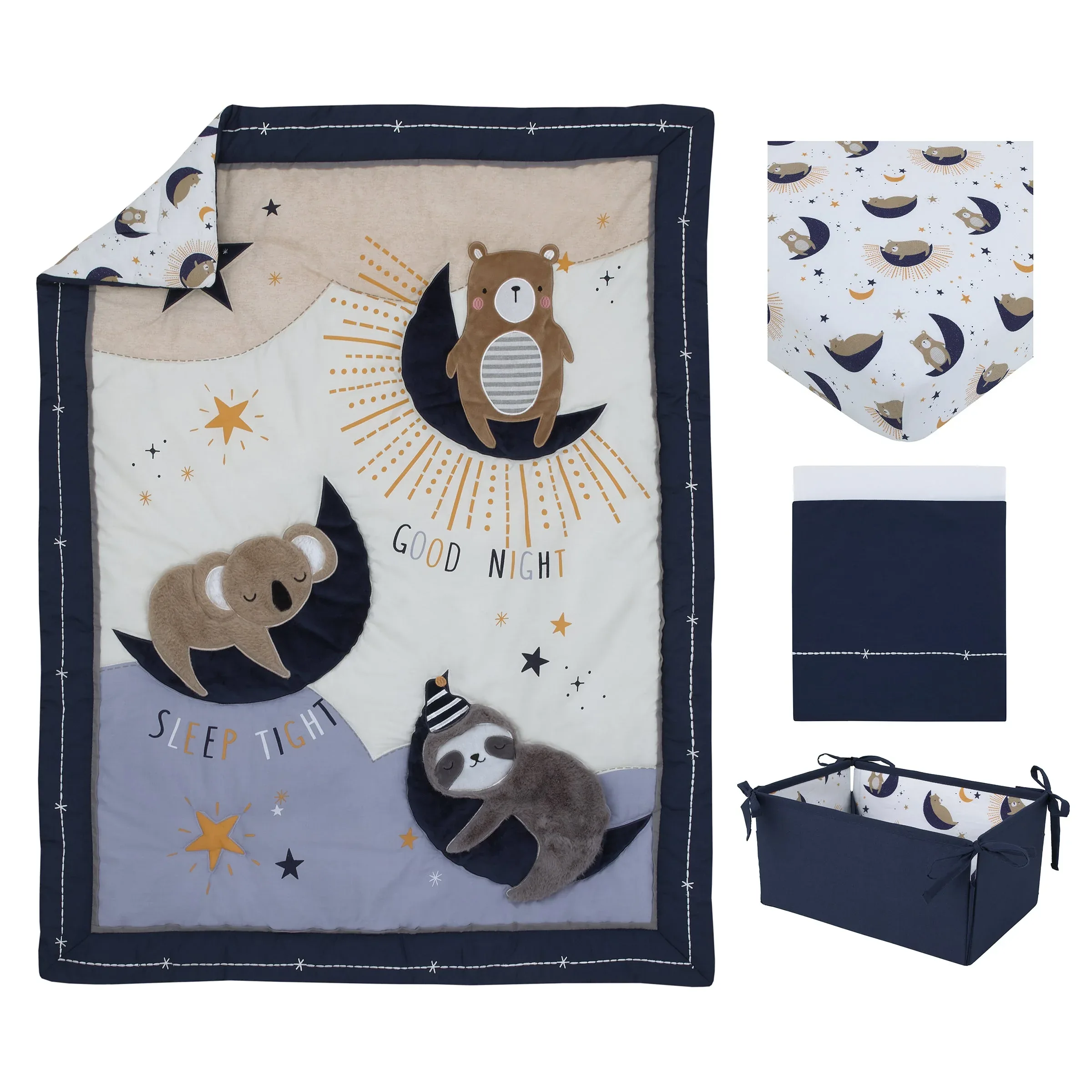Goodnight Sleep Tight White and Blue Koala, Sloth, Bear, Star, and Moon 4 Piece Nursery Crib Bedding Set - Comforter, 100% Cotton Fitted Crib Sheet, Crib Skirt, and Storage - Image 6