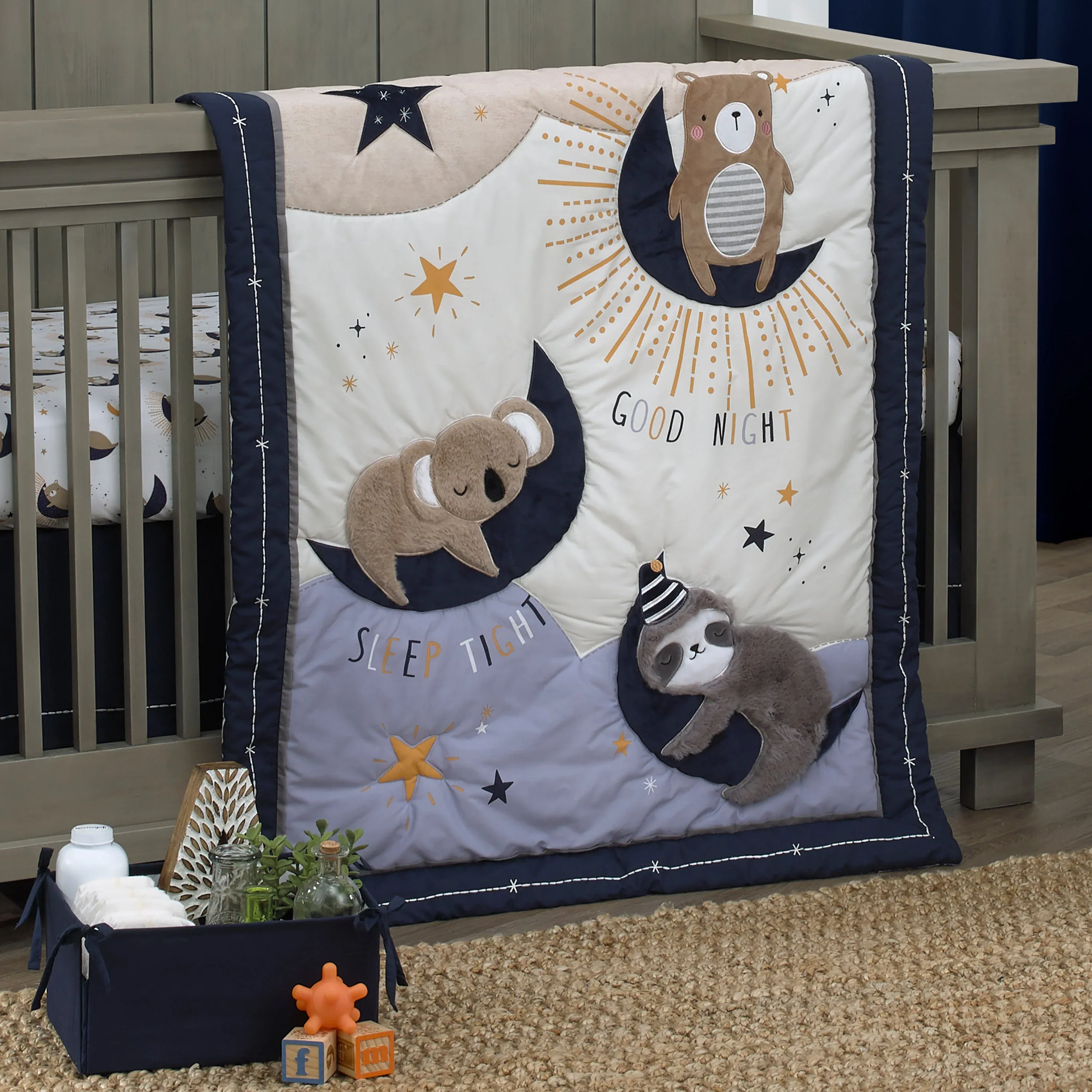 Goodnight Sleep Tight White and Blue Koala, Sloth, Bear, Star, and Moon 4 Piece Nursery Crib Bedding Set - Comforter, 100% Cotton Fitted Crib Sheet, Crib Skirt, and Storage - Image 7