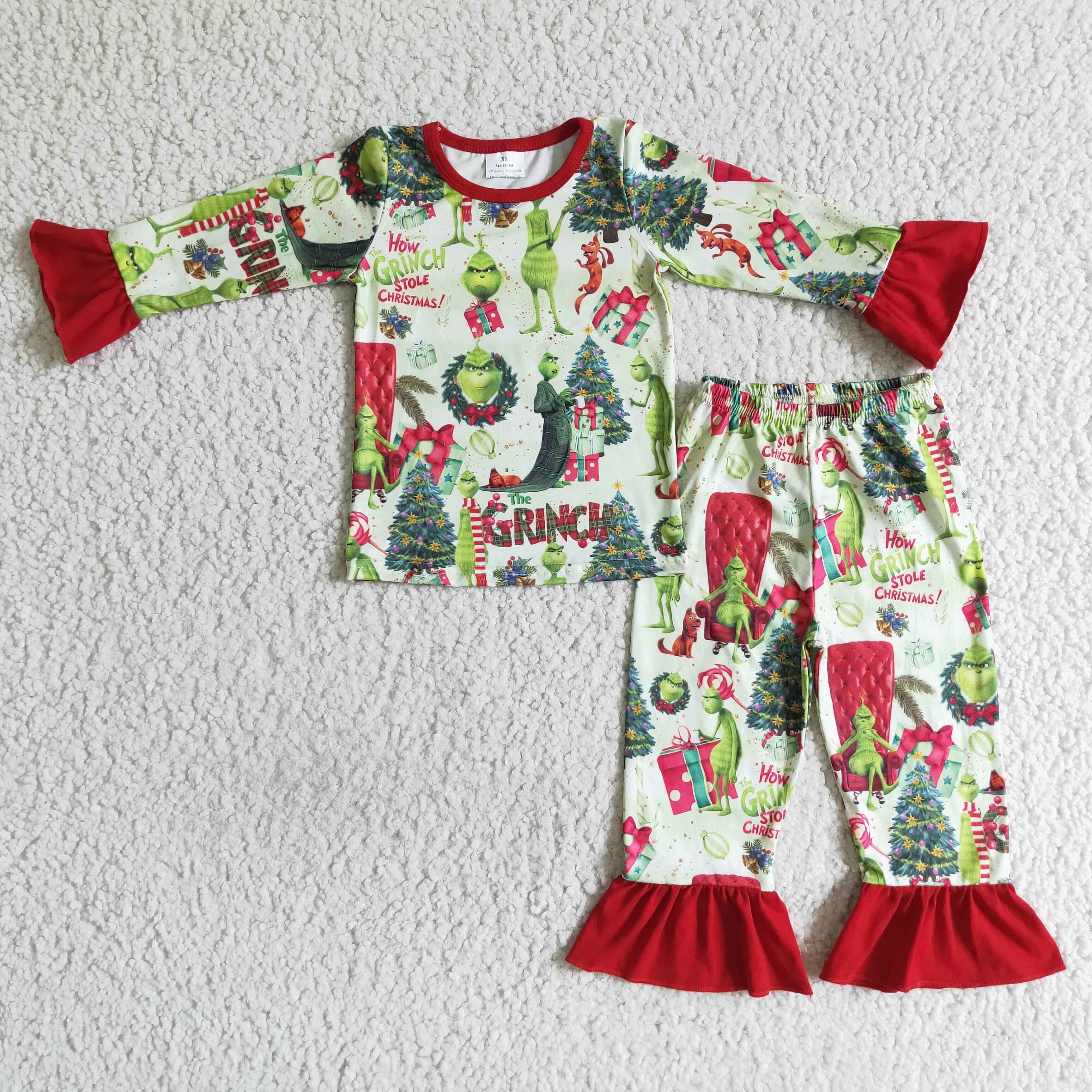 Green face long sleeve baby girls Christmas pajamas - Image 2