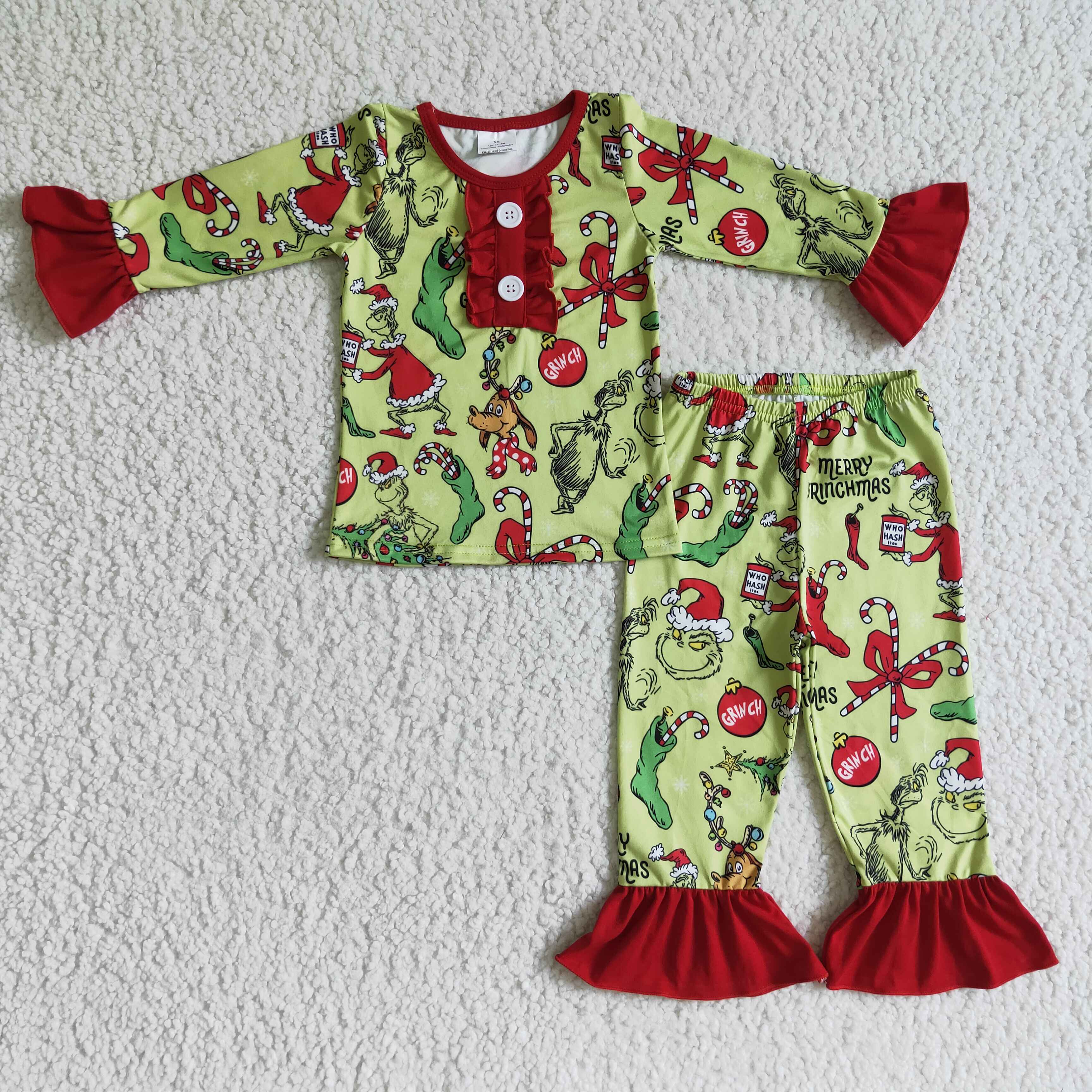Green face merry Christmas kids girls pajamas - Image 2