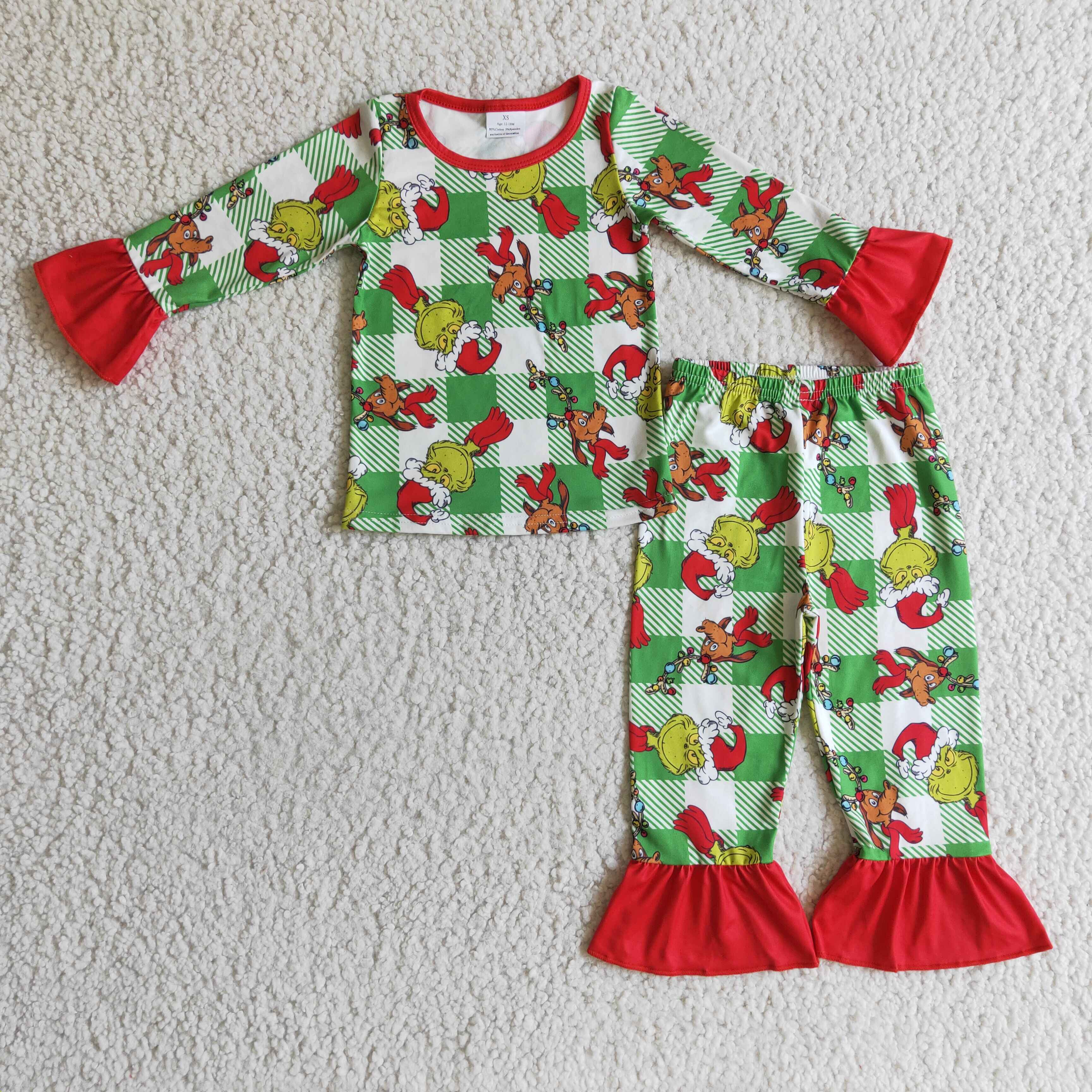 Green face plaid kids girls Christmas pajamas - Image 2